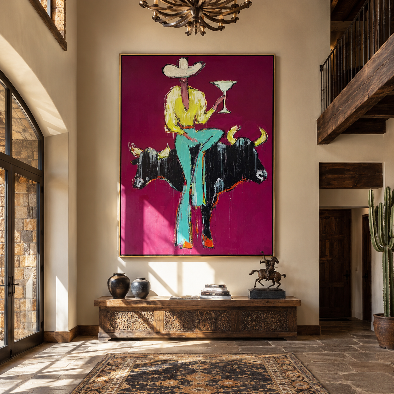 Two Bulls Hold Toast - cowboy and two bulls painting by Ethan Mercer, contemporary Western vertical wall art – styled room scene view 5