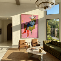 Red Boots Cross Rose - seated cowboy portrait painting by Ethan Mercer, contemporary Western vertical wall art – styled room scene view 1