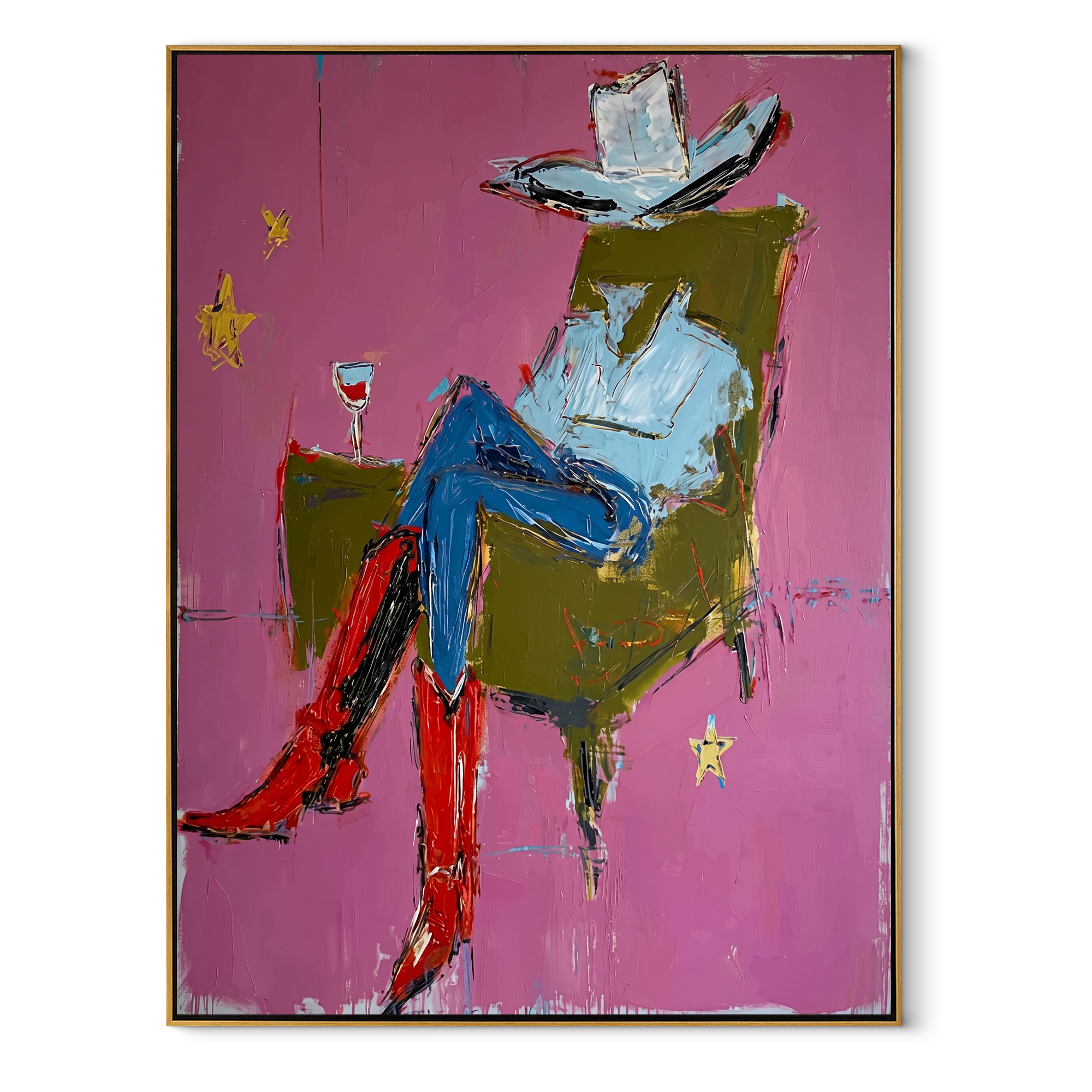 Red Boots Cross Rose - seated cowboy portrait painting by Ethan Mercer, contemporary Western vertical wall art – wood frame on white background