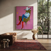 Red Boots Cross Rose - seated cowboy portrait painting by Ethan Mercer, contemporary Western vertical wall art – styled room scene view 2