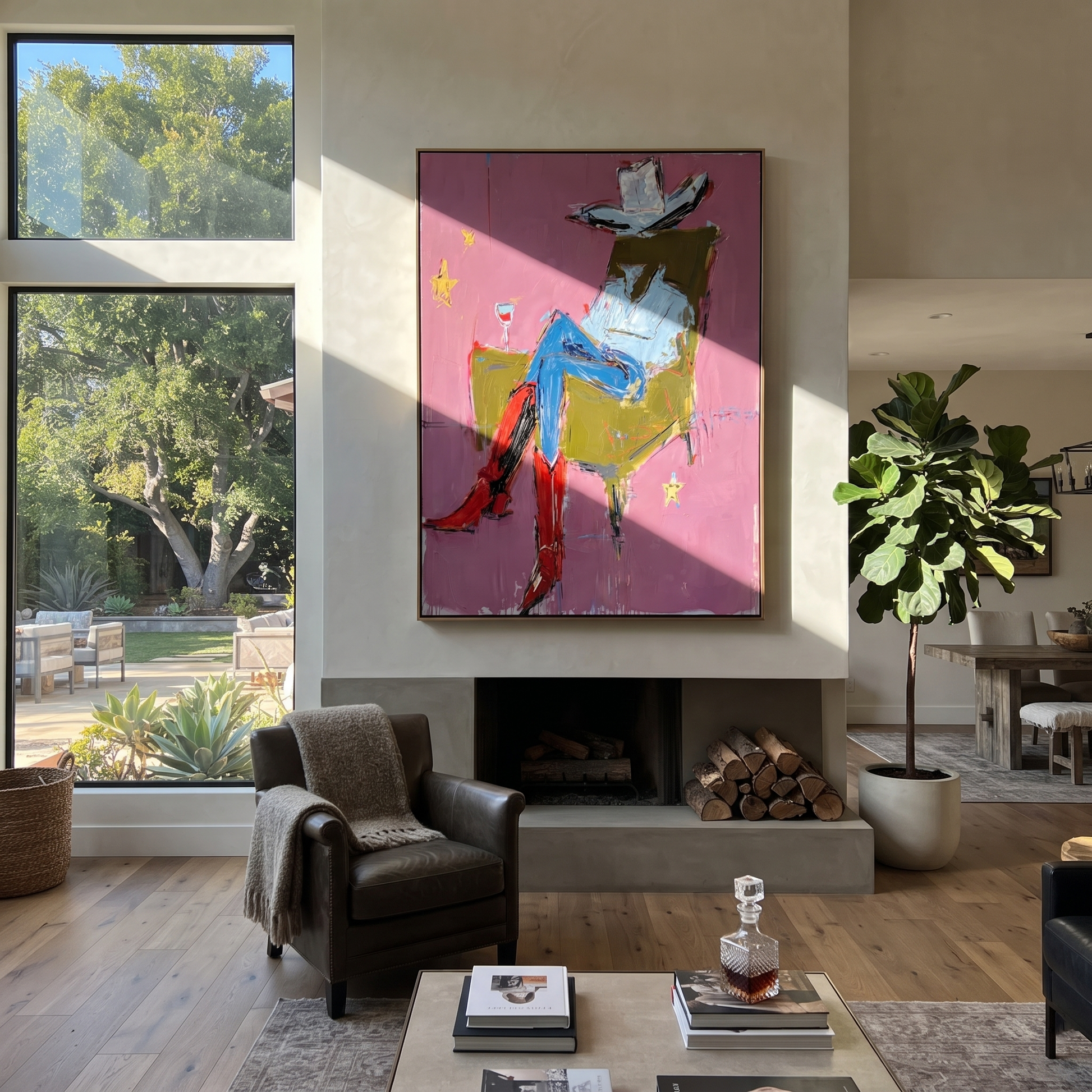 Red Boots Cross Rose - seated cowboy portrait painting by Ethan Mercer, contemporary Western vertical wall art – styled room scene view 3