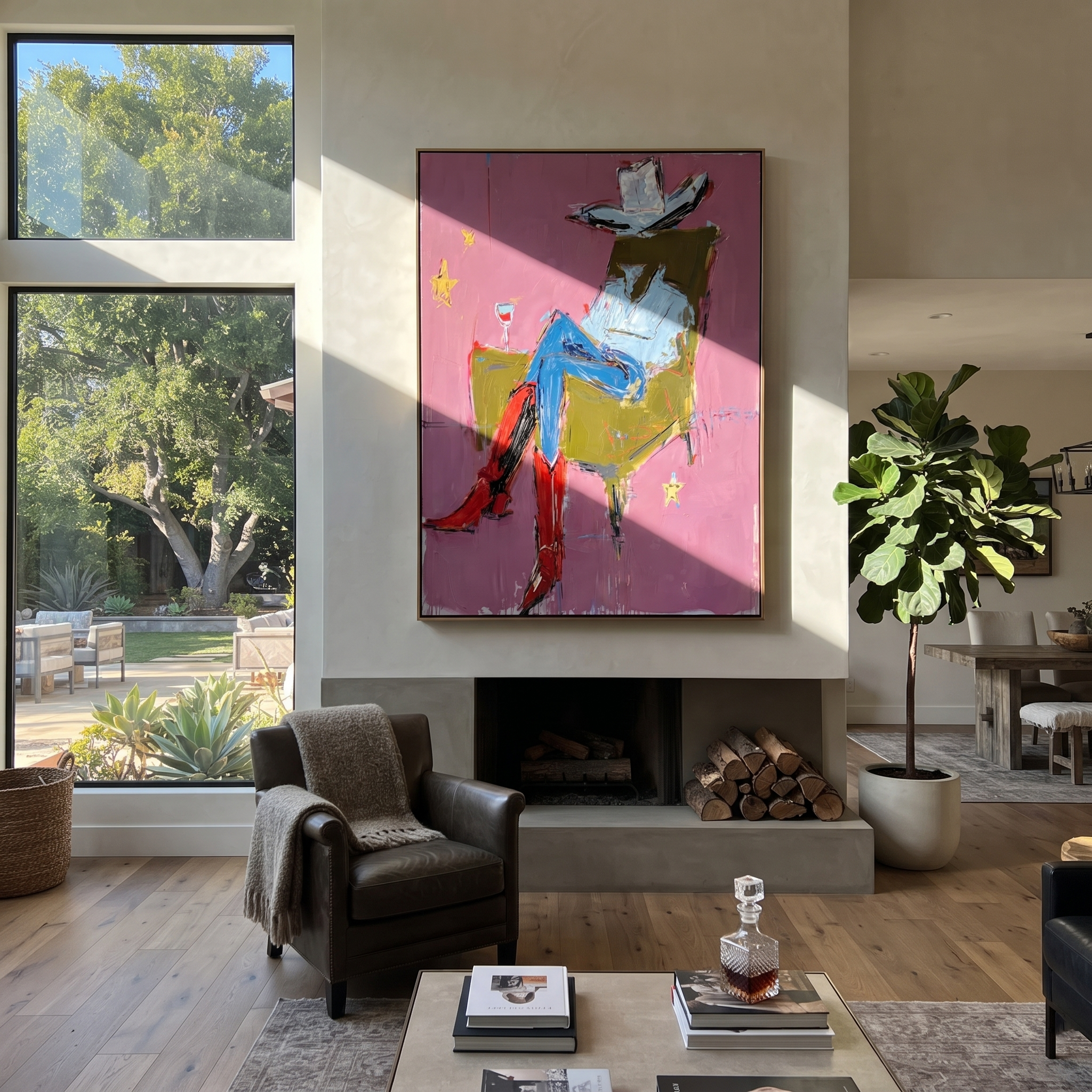Red Boots Cross Rose - seated cowboy portrait painting by Ethan Mercer, contemporary Western vertical wall art – styled room scene view 3