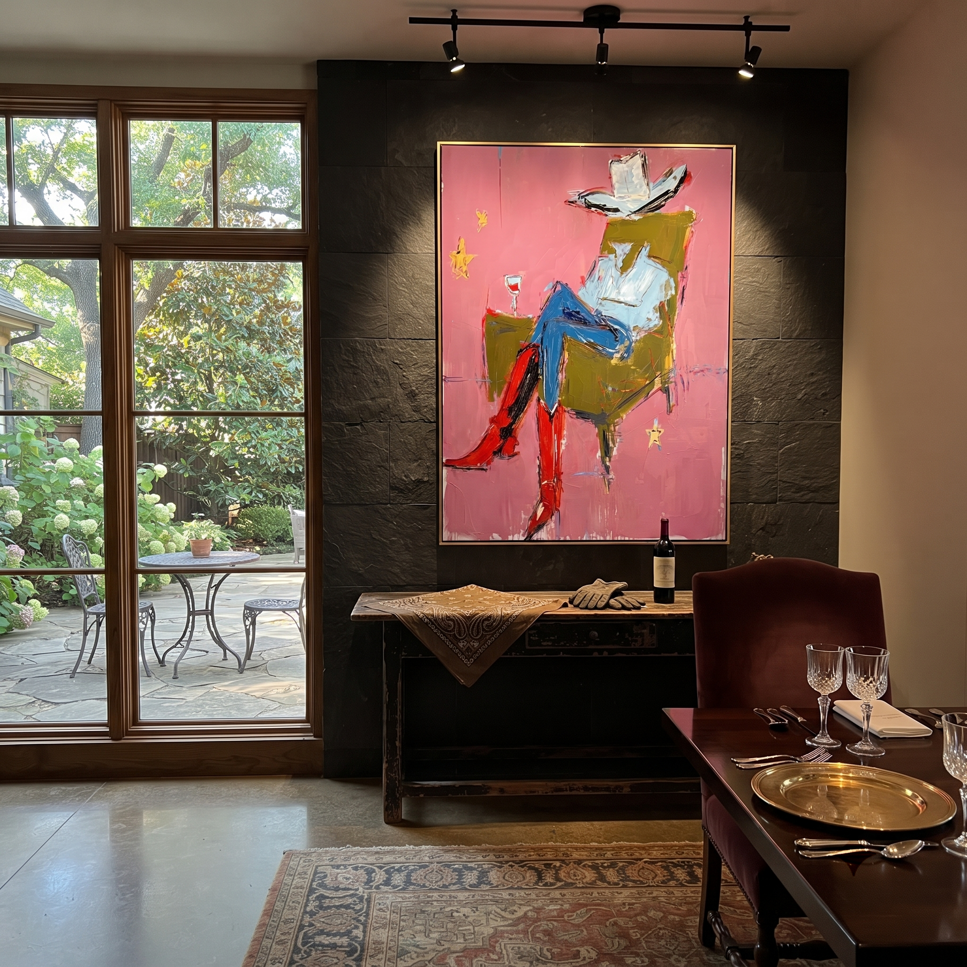 Red Boots Cross Rose - seated cowboy portrait painting by Ethan Mercer, contemporary Western vertical wall art – styled room scene view 4