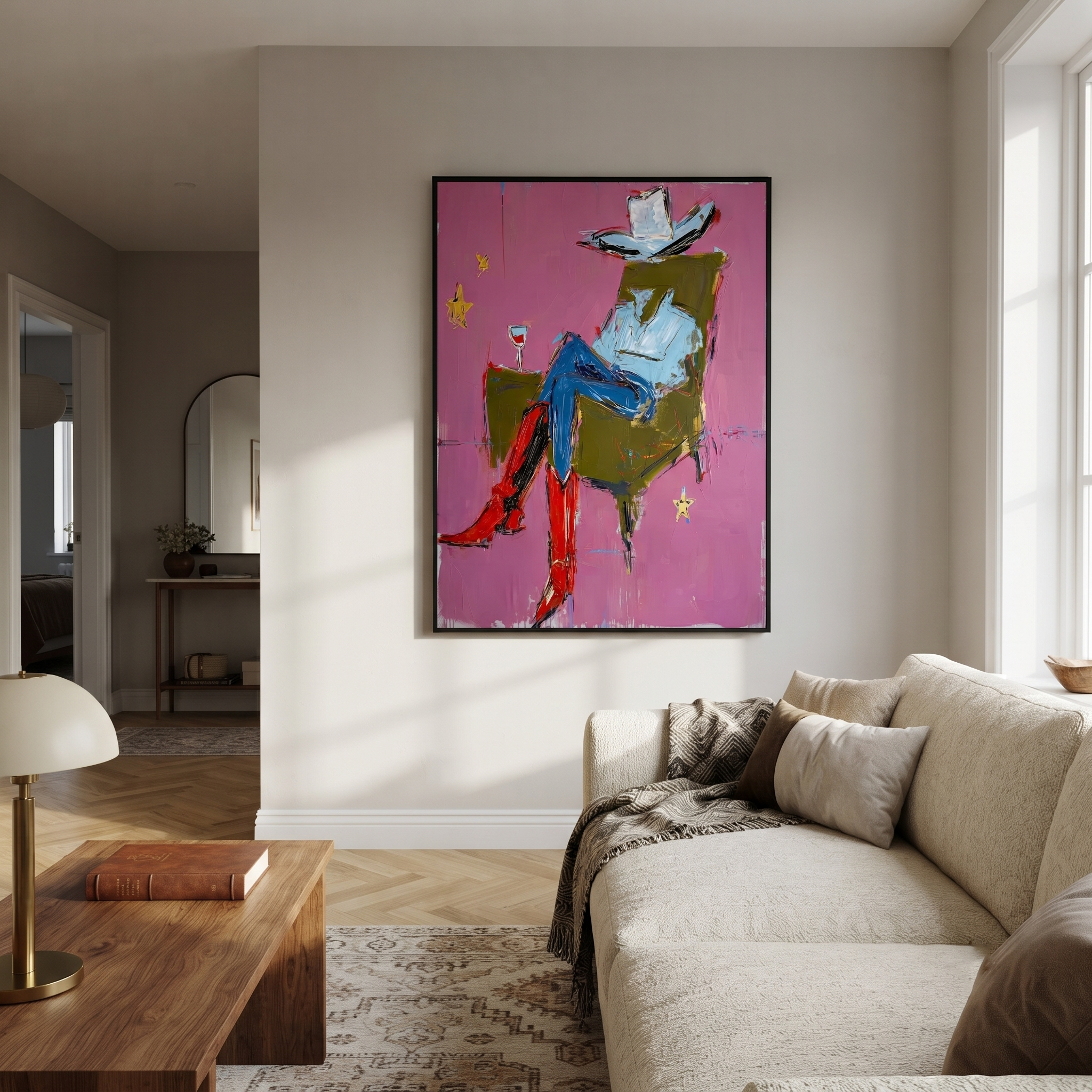 Red Boots Cross Rose - seated cowboy portrait painting by Ethan Mercer, contemporary Western vertical wall art – styled room scene view 5