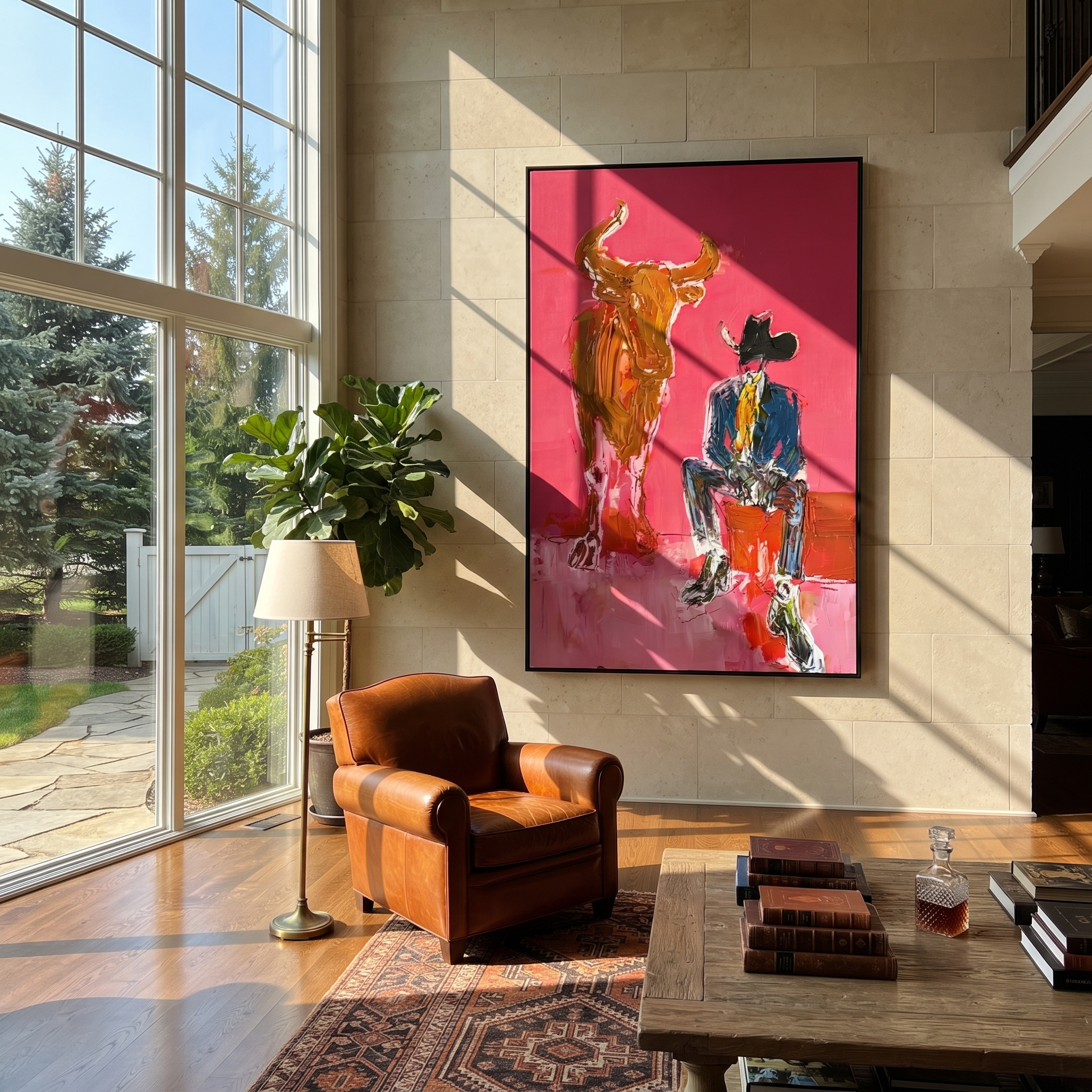 Giant Horns Keep Watch - cowboy and longhorn painting by Ethan Mercer, contemporary Western vertical wall art – styled room scene view 1