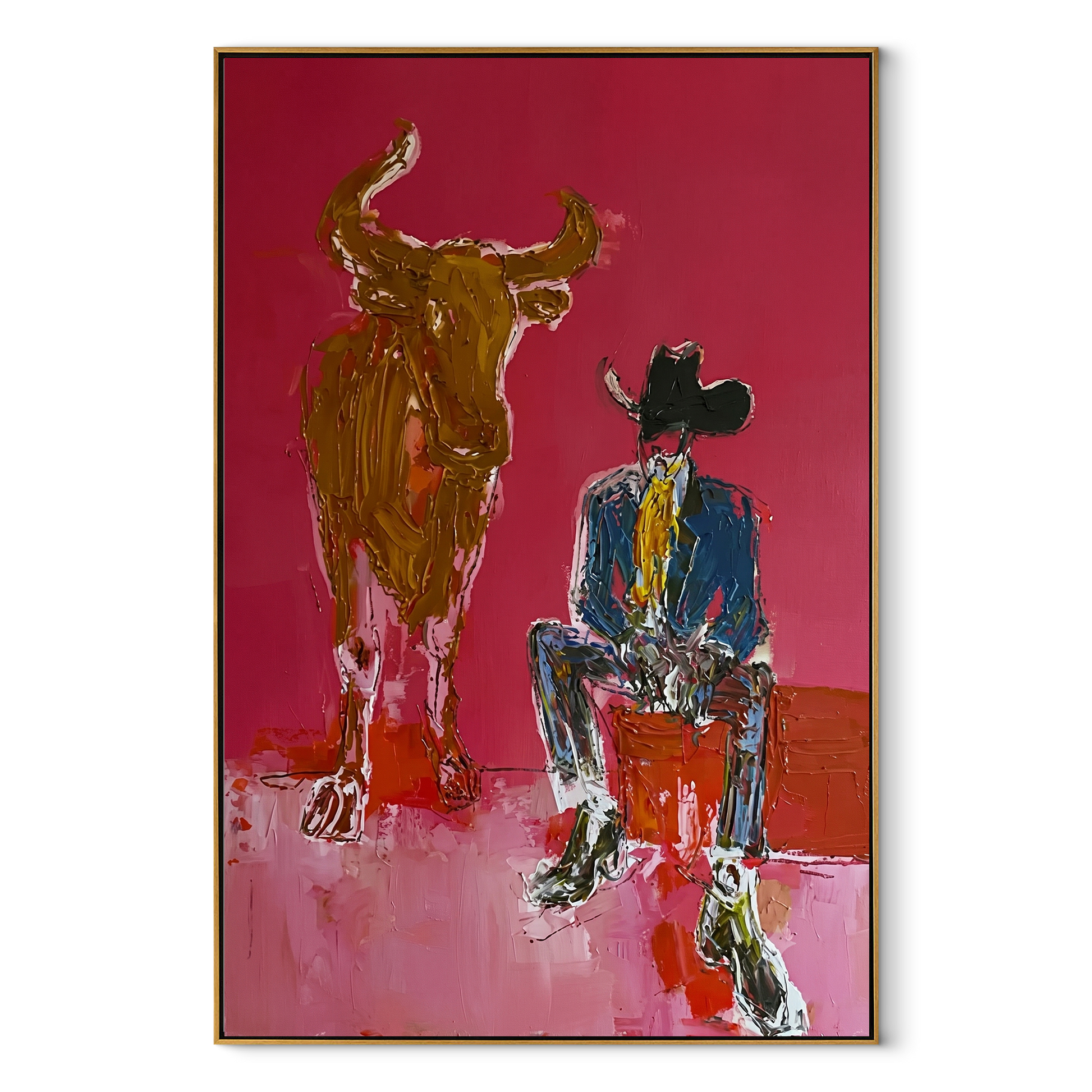 Giant Horns Keep Watch - cowboy and longhorn painting by Ethan Mercer, contemporary Western vertical wall art – wood frame on white background