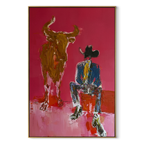 Giant Horns Keep Watch - cowboy and longhorn painting by Ethan Mercer, contemporary Western vertical wall art – wood frame on white background