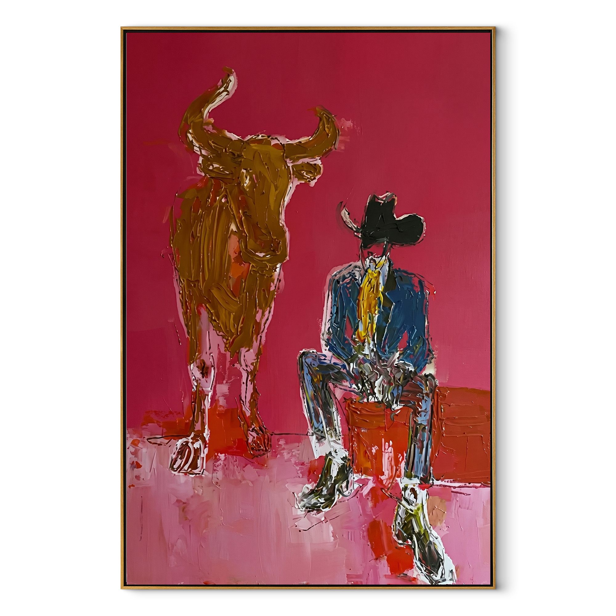 Giant Horns Keep Watch - cowboy and longhorn painting by Ethan Mercer, contemporary Western vertical wall art – wood frame on white background