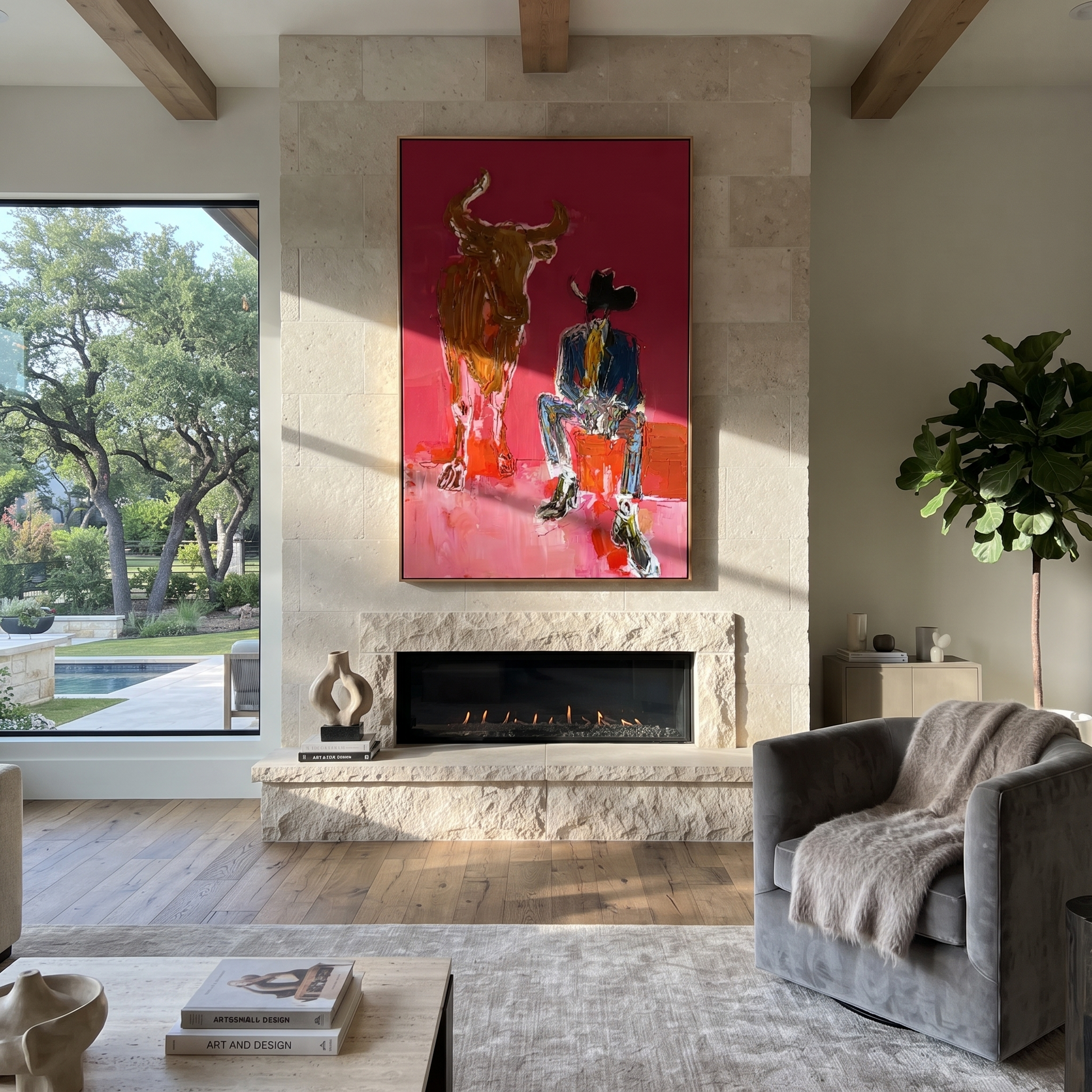 Giant Horns Keep Watch - cowboy and longhorn painting by Ethan Mercer, contemporary Western vertical wall art – styled room scene view 2