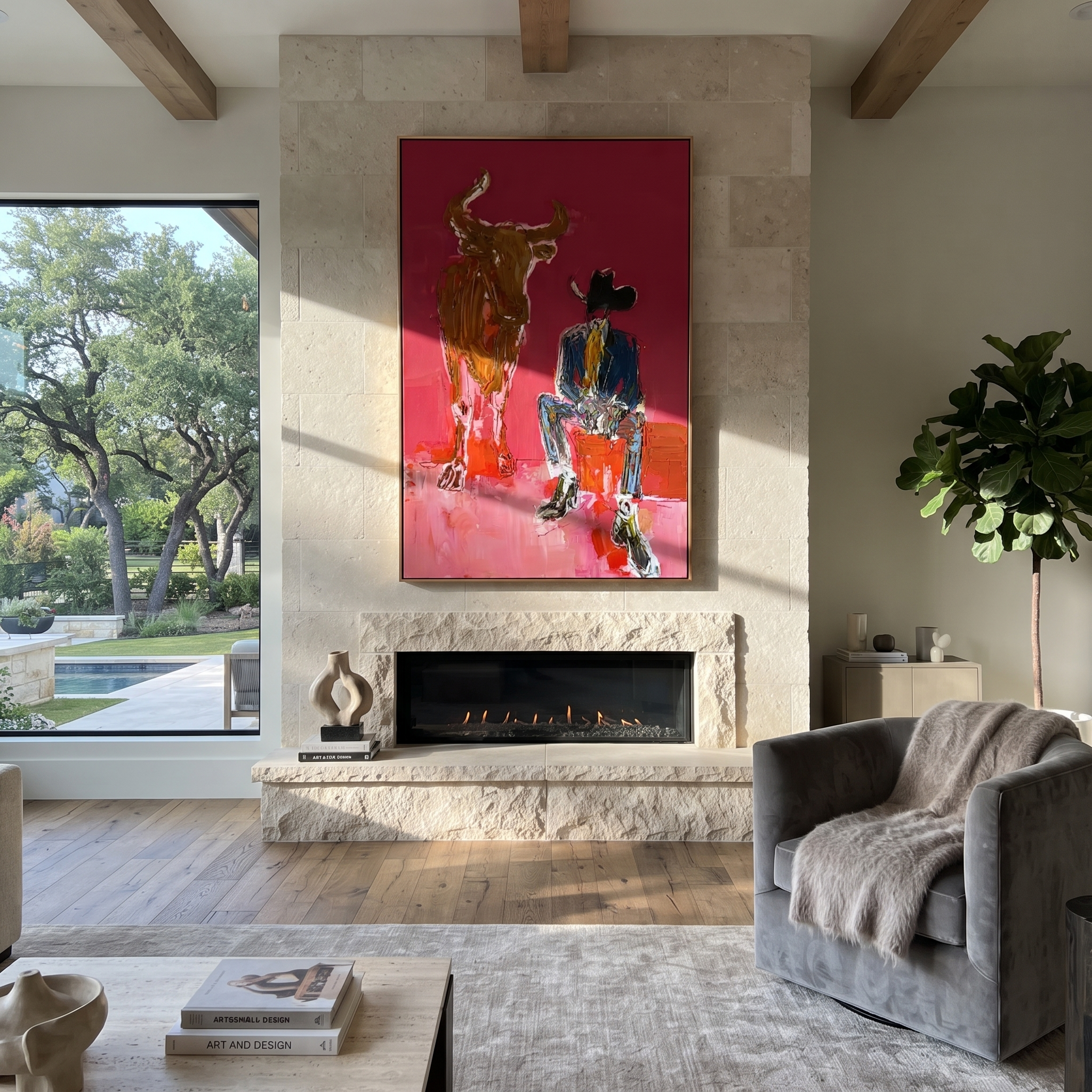 Giant Horns Keep Watch - cowboy and longhorn painting by Ethan Mercer, contemporary Western vertical wall art – styled room scene view 2