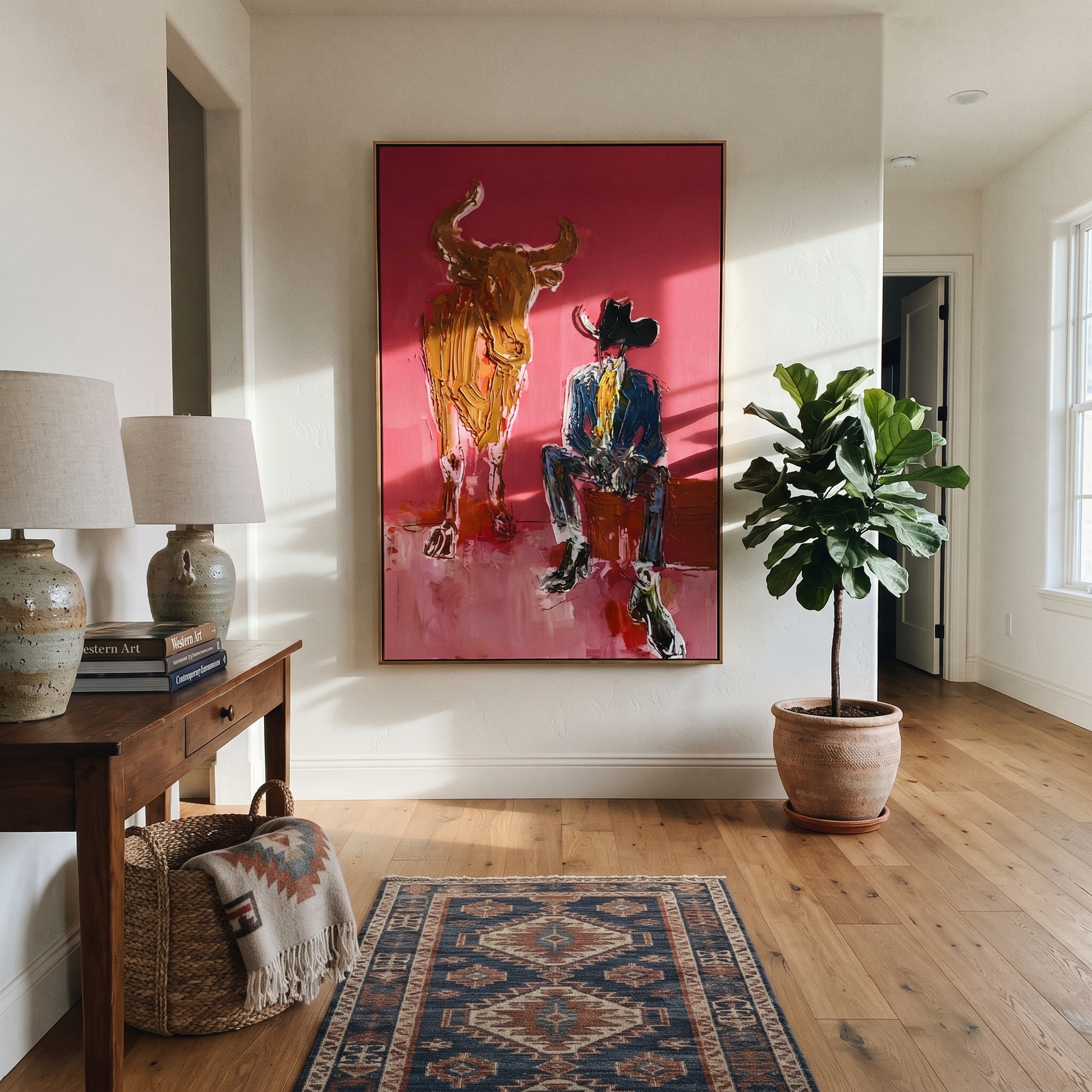 Giant Horns Keep Watch - cowboy and longhorn painting by Ethan Mercer, contemporary Western vertical wall art – styled room scene view 3
