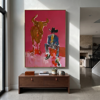 Giant Horns Keep Watch - cowboy and longhorn painting by Ethan Mercer, contemporary Western vertical wall art – styled room scene view 4