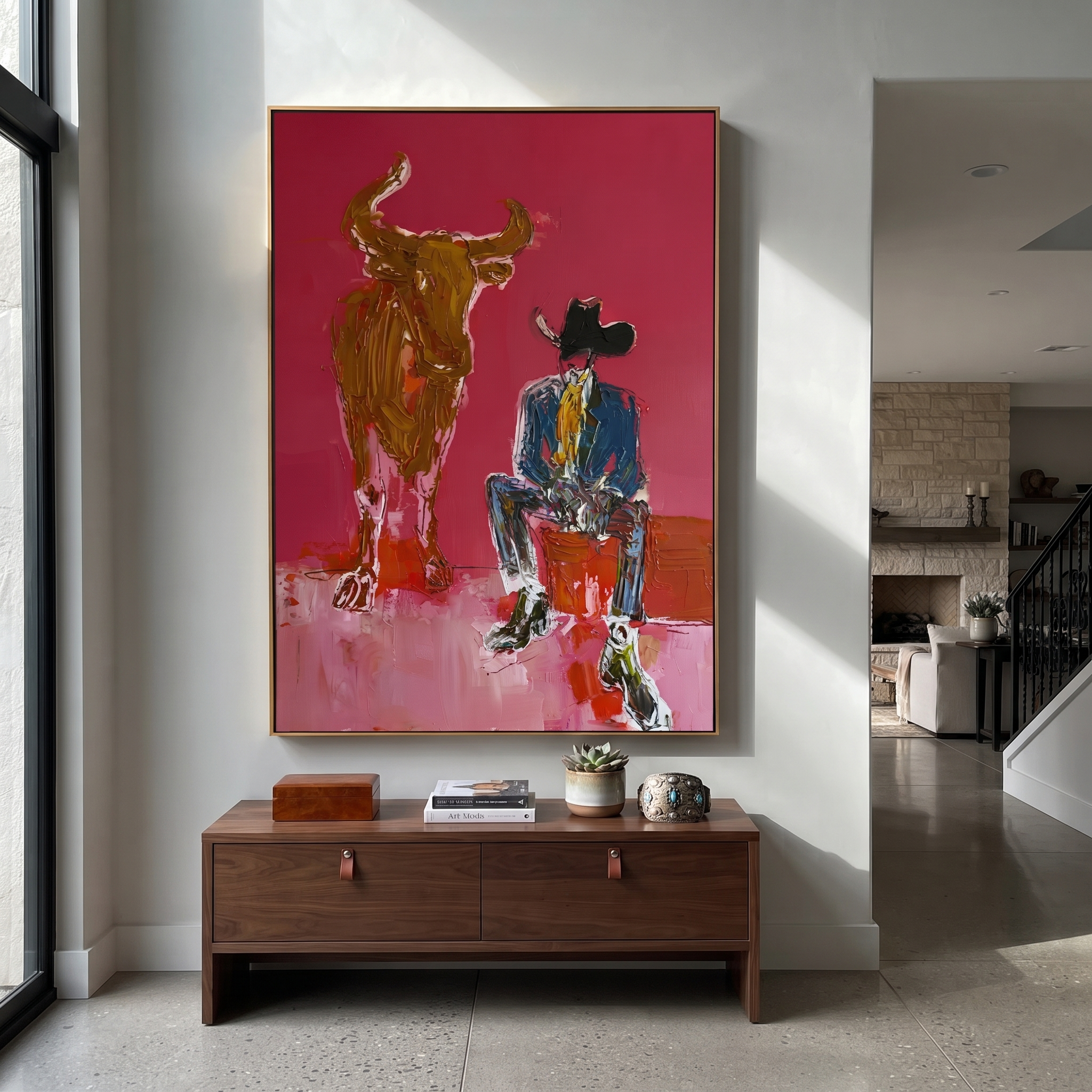 Giant Horns Keep Watch - cowboy and longhorn painting by Ethan Mercer, contemporary Western vertical wall art – styled room scene view 4