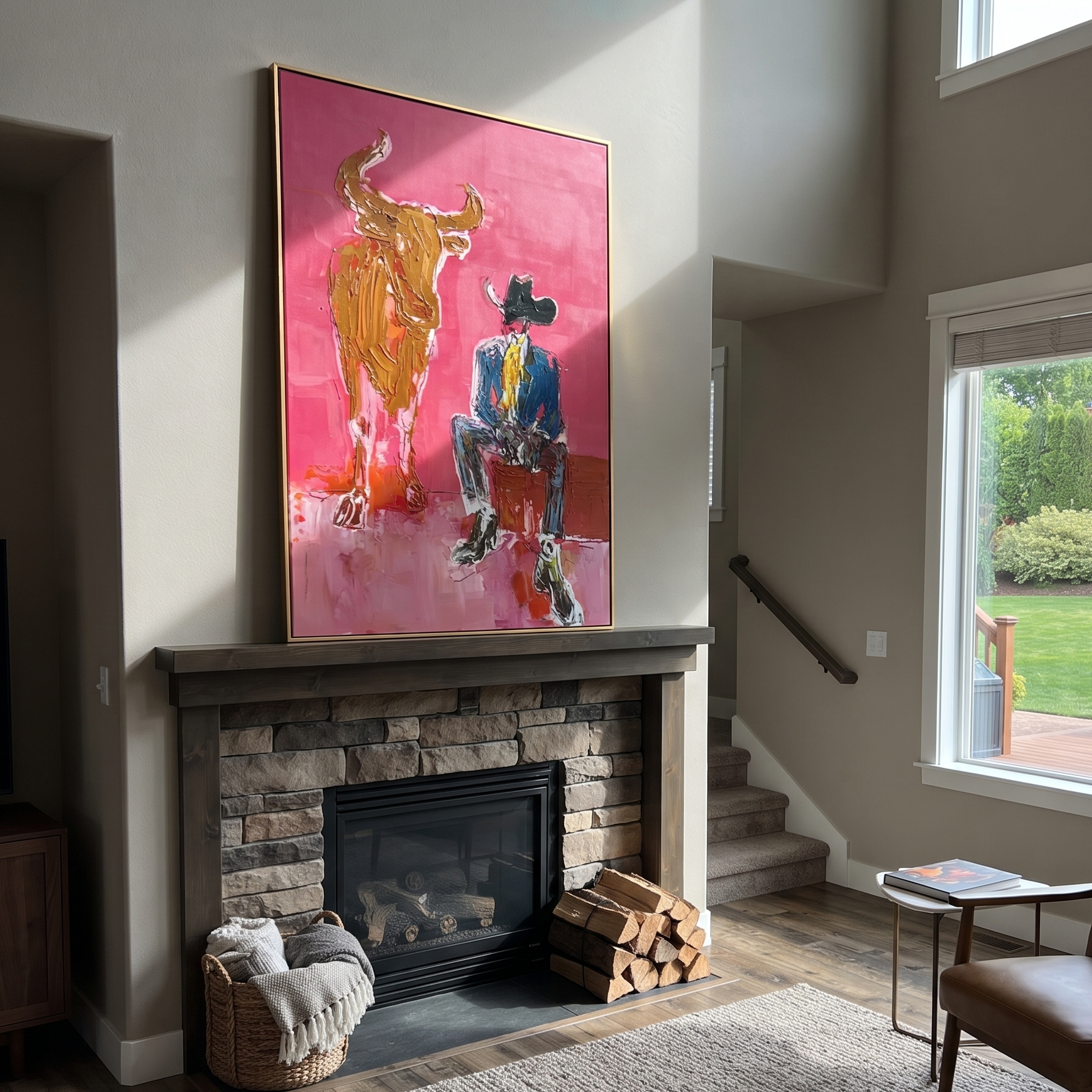 Giant Horns Keep Watch - cowboy and longhorn painting by Ethan Mercer, contemporary Western vertical wall art – styled room scene view 5