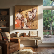 Sand Lines Hold Patience - cowboy and horse sketch painting by Ethan Mercer, contemporary Western square wall art – styled room scene view 1