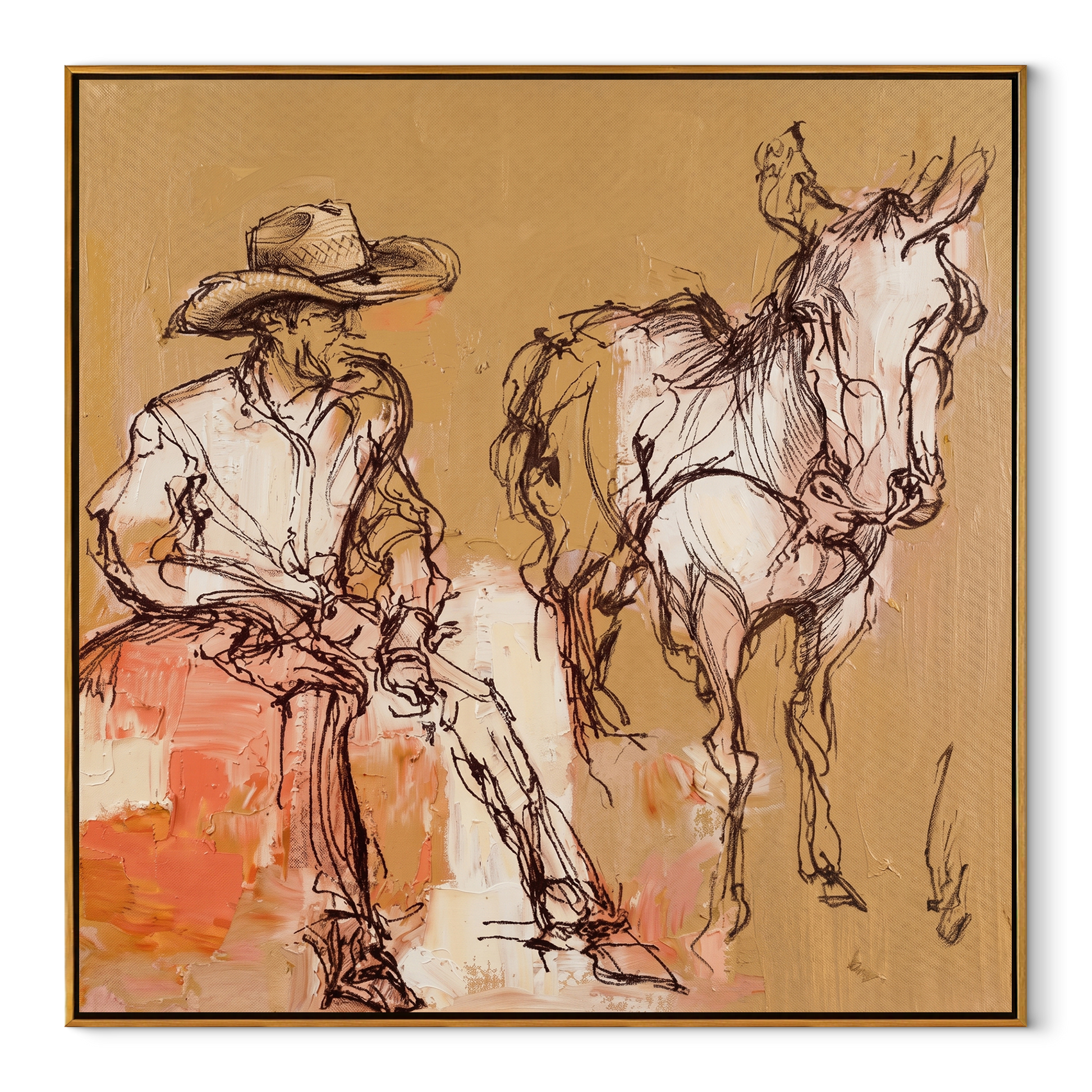 Sand Lines Hold Patience - cowboy and horse sketch painting by Ethan Mercer, contemporary Western square wall art – wood frame on white background