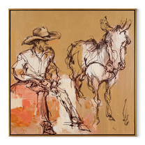 Sand Lines Hold Patience - cowboy and horse sketch painting by Ethan Mercer, contemporary Western square wall art – wood frame on white background