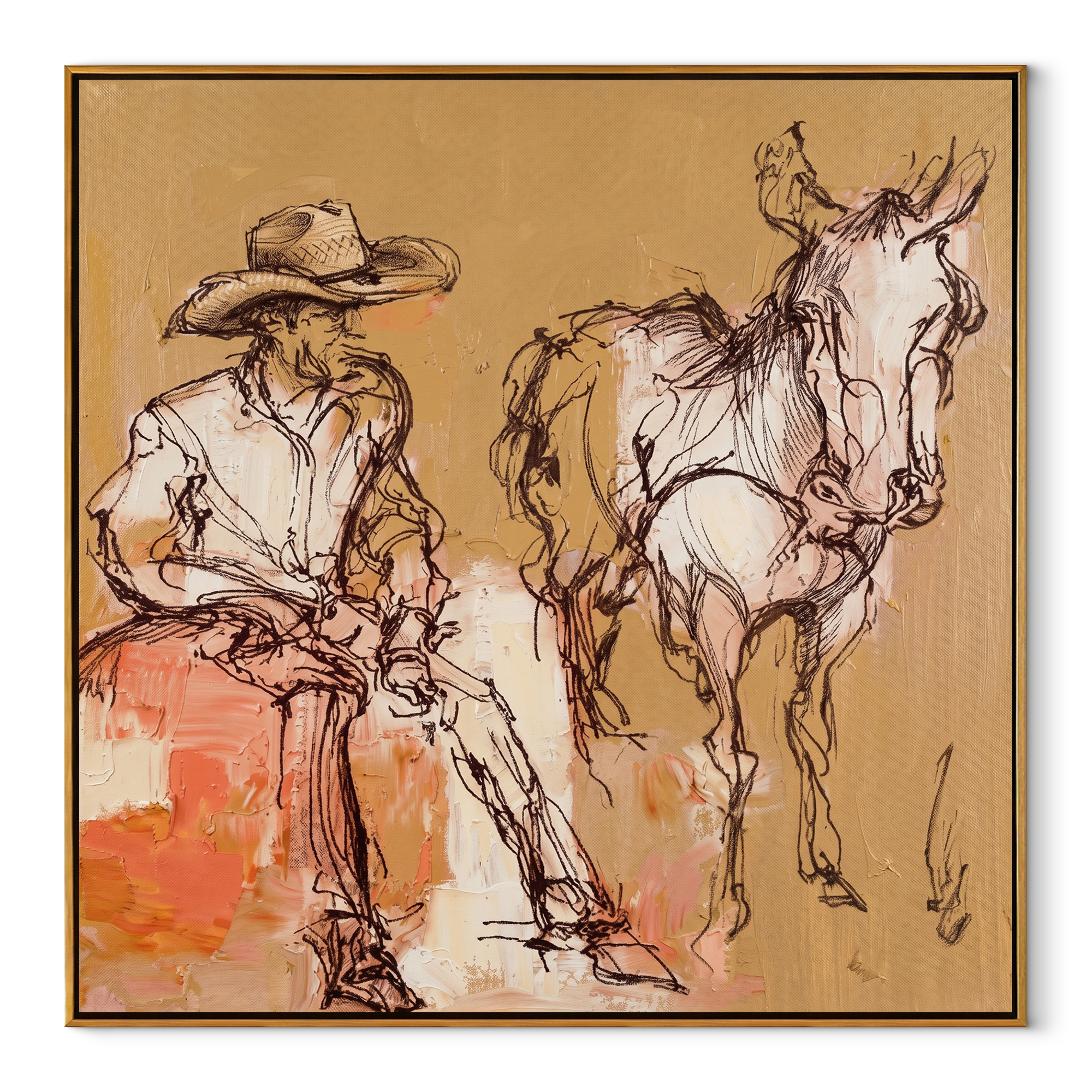 Sand Lines Hold Patience - cowboy and horse sketch painting by Ethan Mercer, contemporary Western square wall art – wood frame on white background
