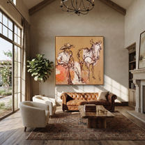 Sand Lines Hold Patience - cowboy and horse sketch painting by Ethan Mercer, contemporary Western square wall art – styled room scene view 2