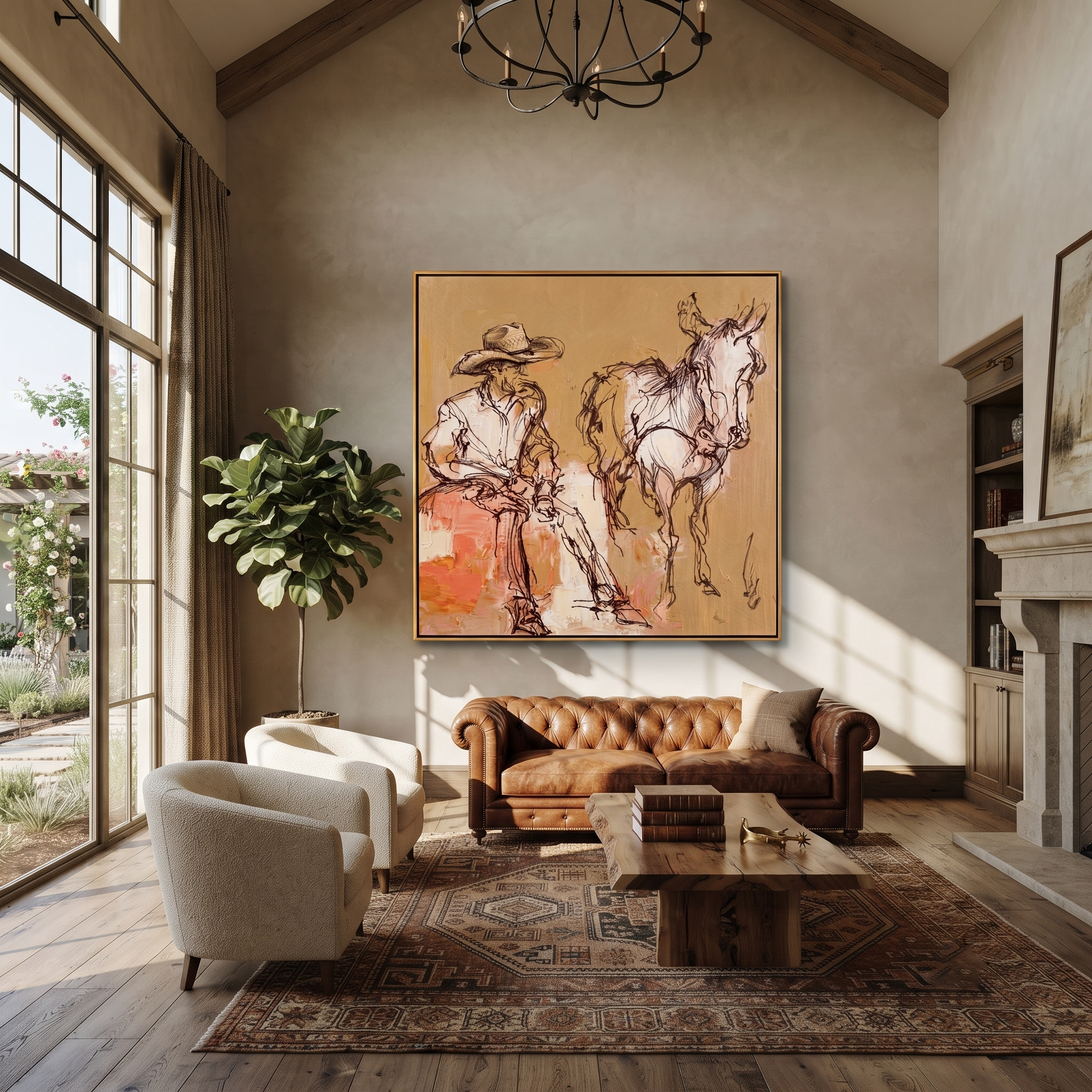 Sand Lines Hold Patience - cowboy and horse sketch painting by Ethan Mercer, contemporary Western square wall art – styled room scene view 2
