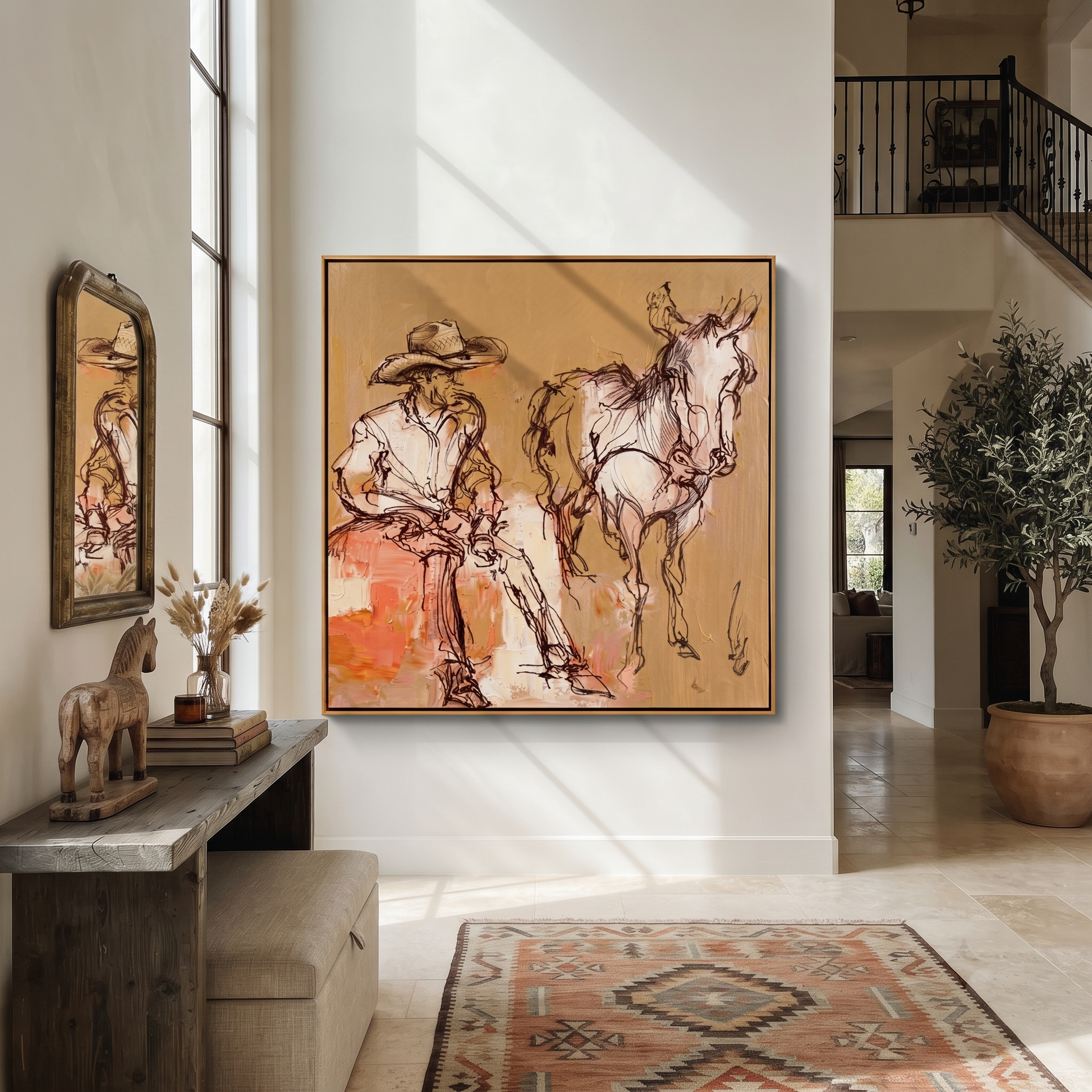 Sand Lines Hold Patience - cowboy and horse sketch painting by Ethan Mercer, contemporary Western square wall art – styled room scene view 3