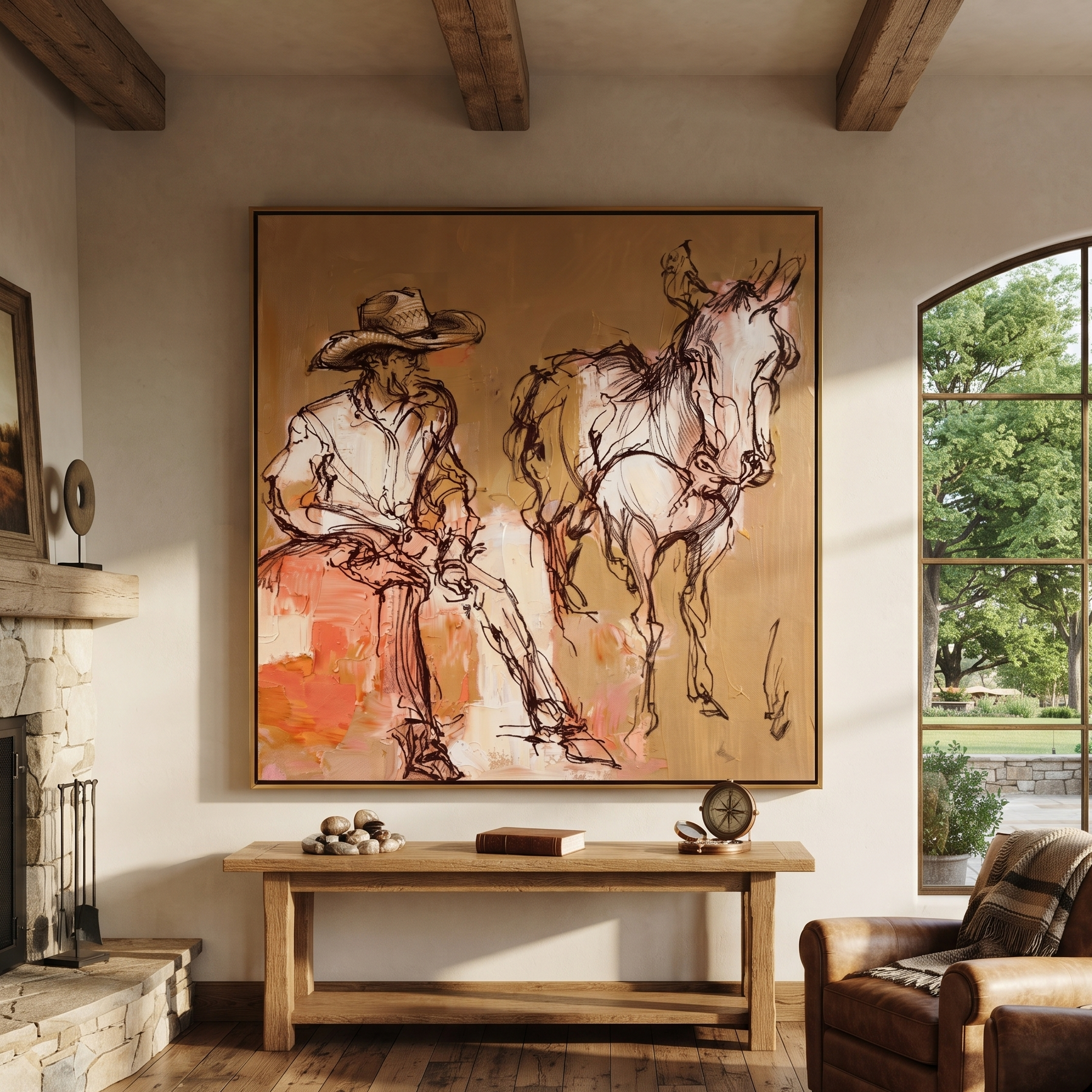 Sand Lines Hold Patience - cowboy and horse sketch painting by Ethan Mercer, contemporary Western square wall art – styled room scene view 4