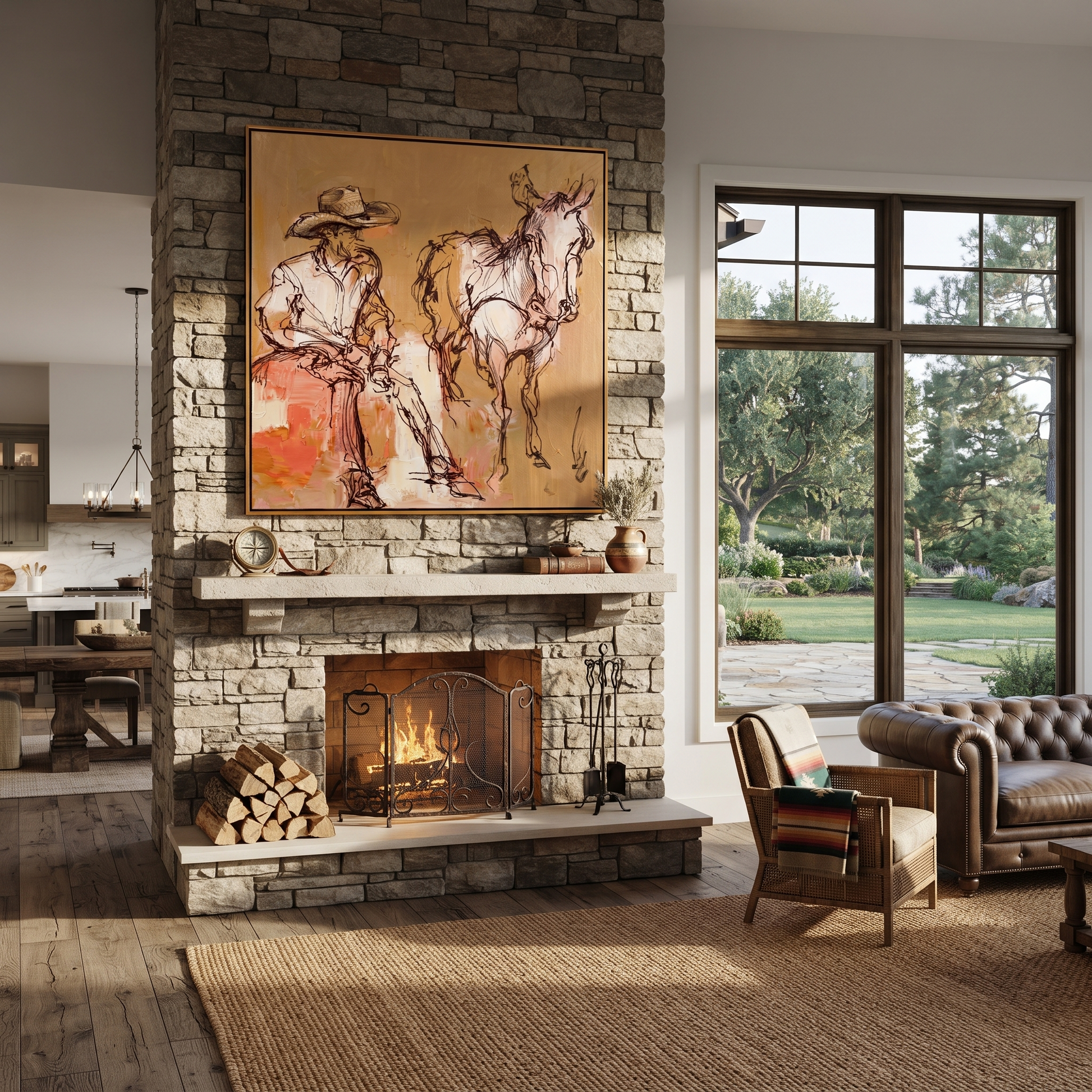 Sand Lines Hold Patience - cowboy and horse sketch painting by Ethan Mercer, contemporary Western square wall art – styled room scene view 5
