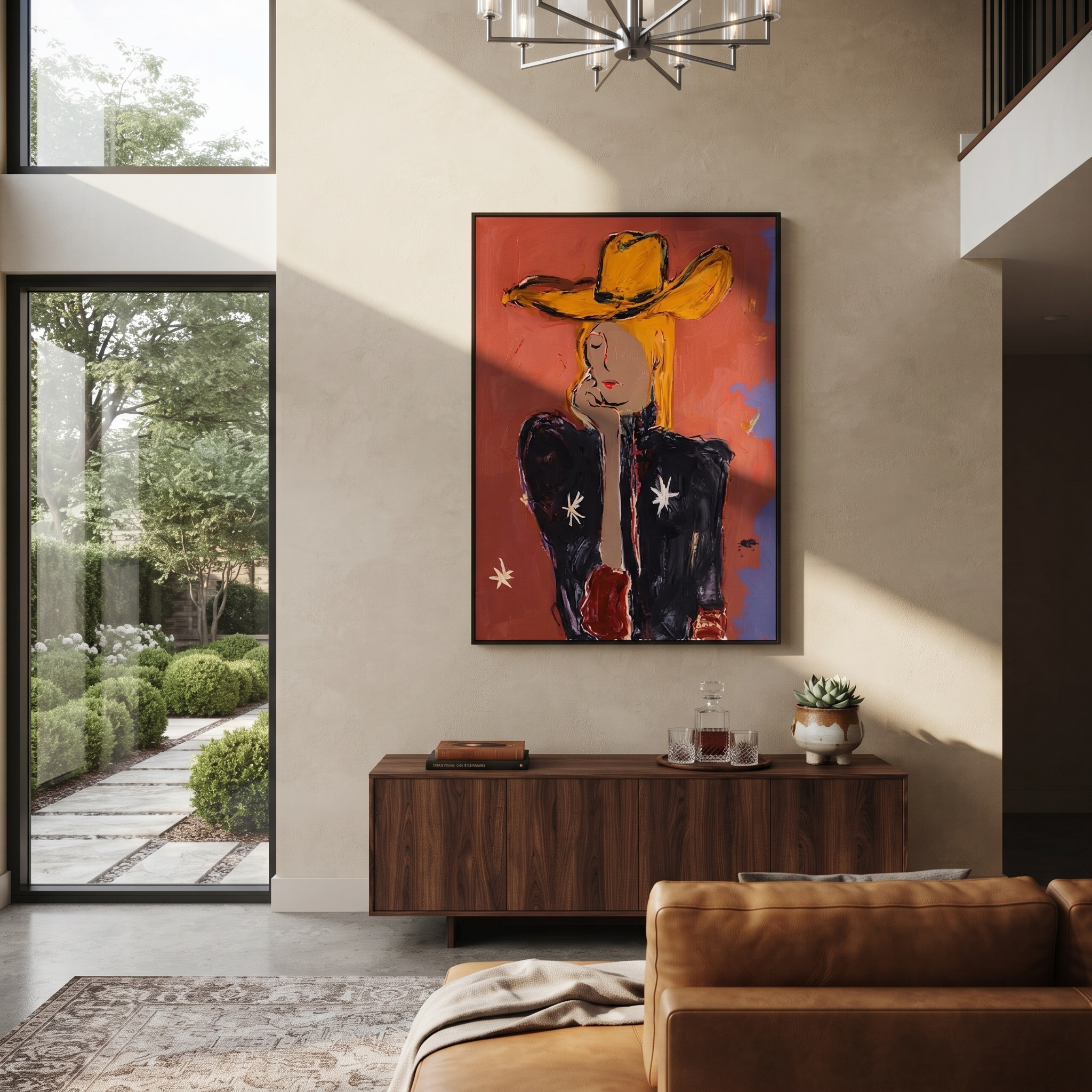 Golden Hat Hides Silence - modern cowgirl portrait painting by Ethan Mercer, contemporary Western vertical wall art – styled room scene view 1