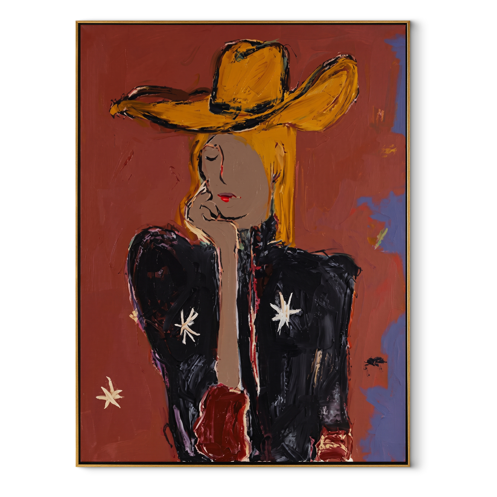 Golden Hat Hides Silence - modern cowgirl portrait painting by Ethan Mercer, contemporary Western vertical wall art – wood frame on white background