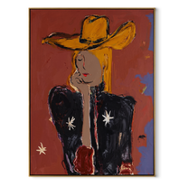 Golden Hat Hides Silence - modern cowgirl portrait painting by Ethan Mercer, contemporary Western vertical wall art – wood frame on white background