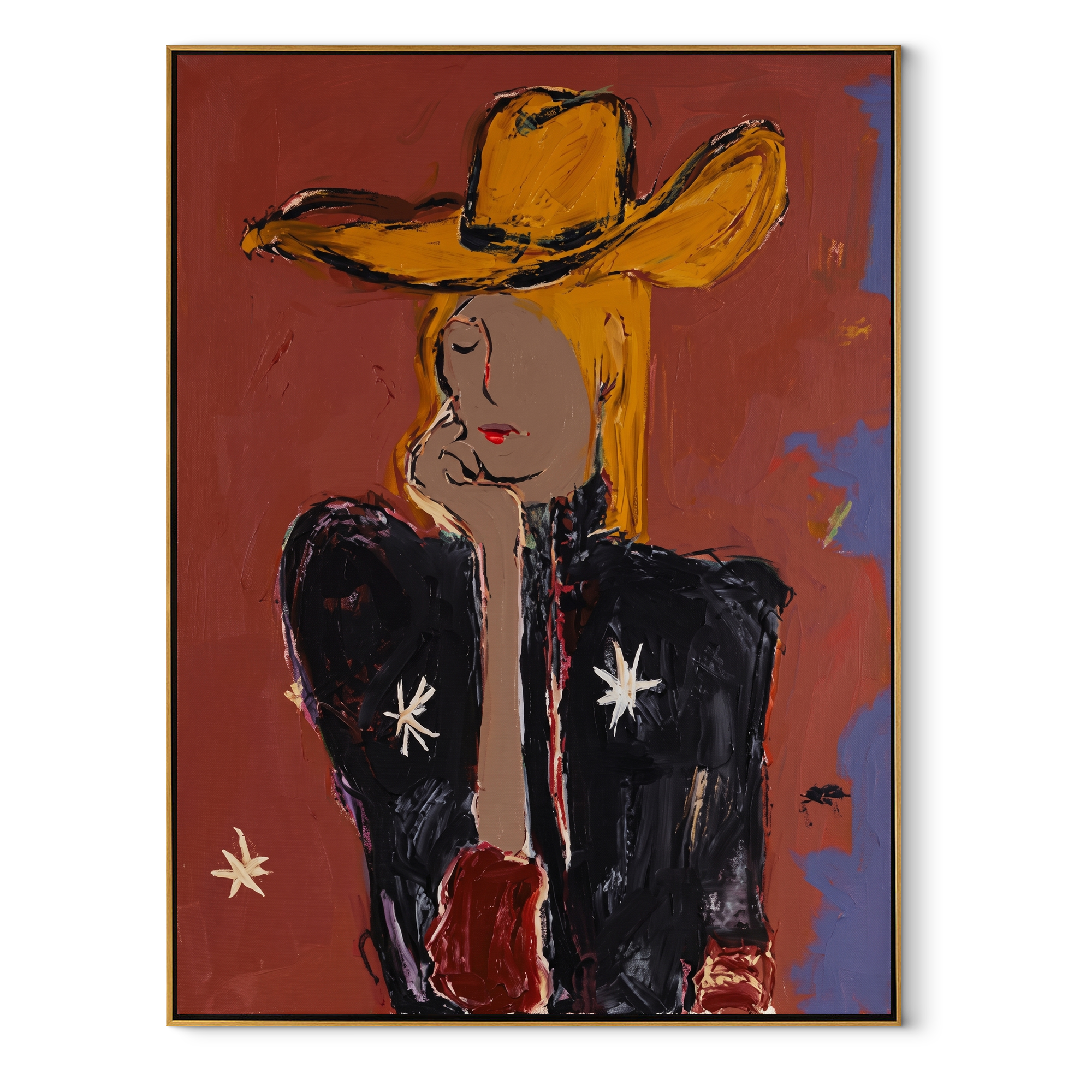 Golden Hat Hides Silence - modern cowgirl portrait painting by Ethan Mercer, contemporary Western vertical wall art – wood frame on white background