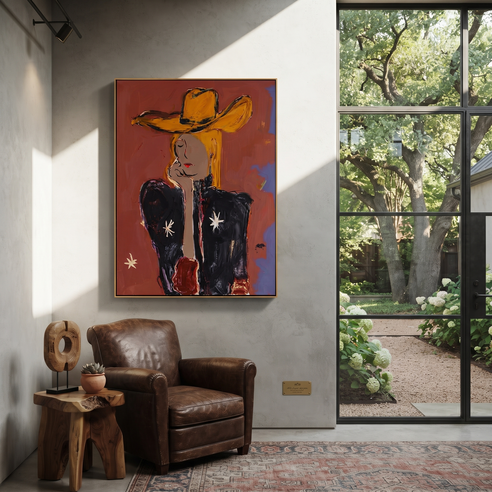 Golden Hat Hides Silence - modern cowgirl portrait painting by Ethan Mercer, contemporary Western vertical wall art – styled room scene view 2