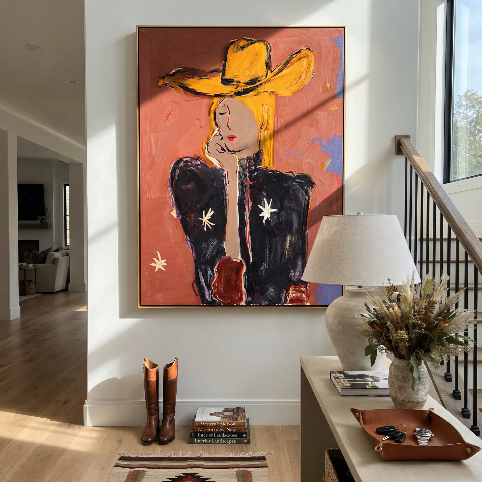 Golden Hat Hides Silence - modern cowgirl portrait painting by Ethan Mercer, contemporary Western vertical wall art – styled room scene view 3