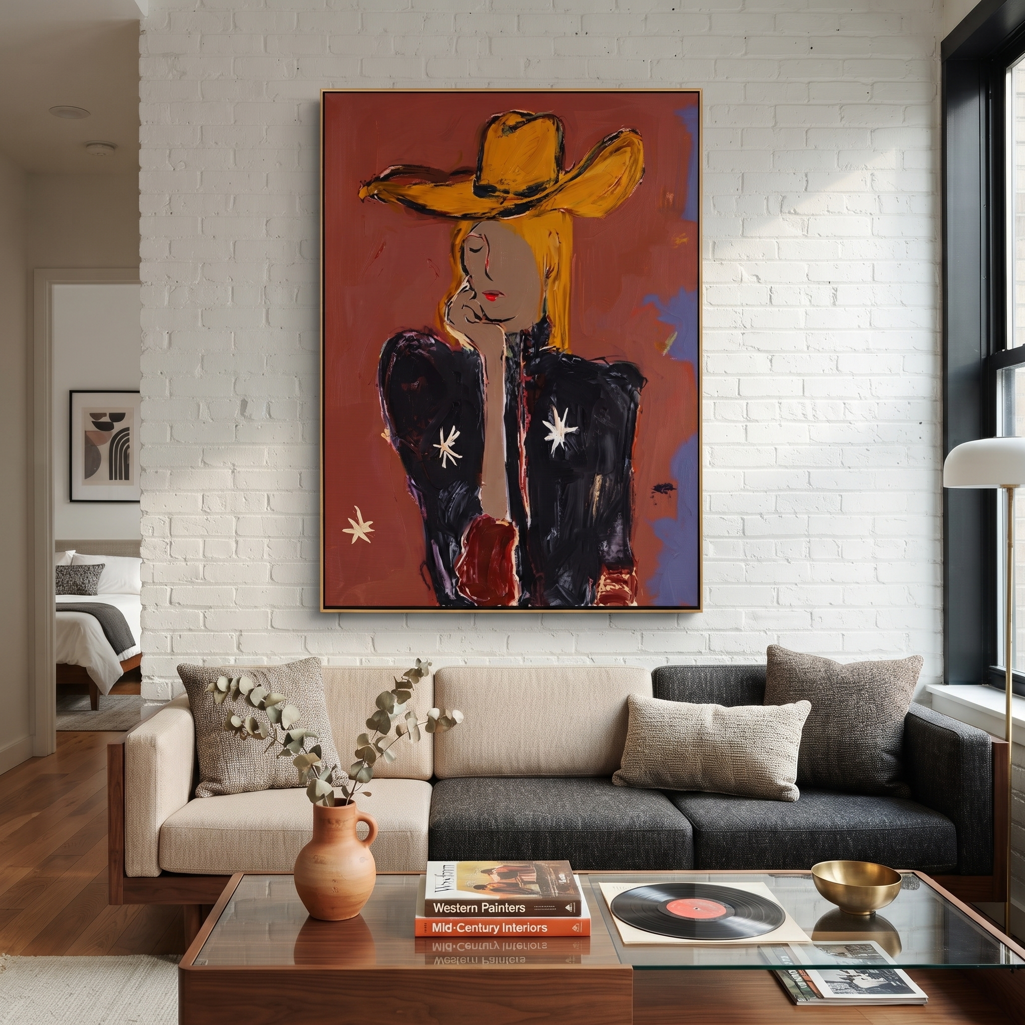 Golden Hat Hides Silence - modern cowgirl portrait painting by Ethan Mercer, contemporary Western vertical wall art – styled room scene view 4