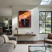 Golden Hat Hides Silence - modern cowgirl portrait painting by Ethan Mercer, contemporary Western vertical wall art – styled room scene view 5