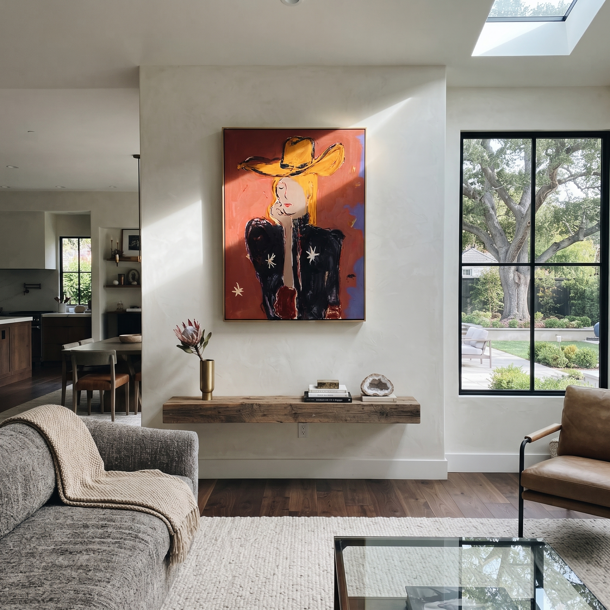 Golden Hat Hides Silence - modern cowgirl portrait painting by Ethan Mercer, contemporary Western vertical wall art – styled room scene view 5