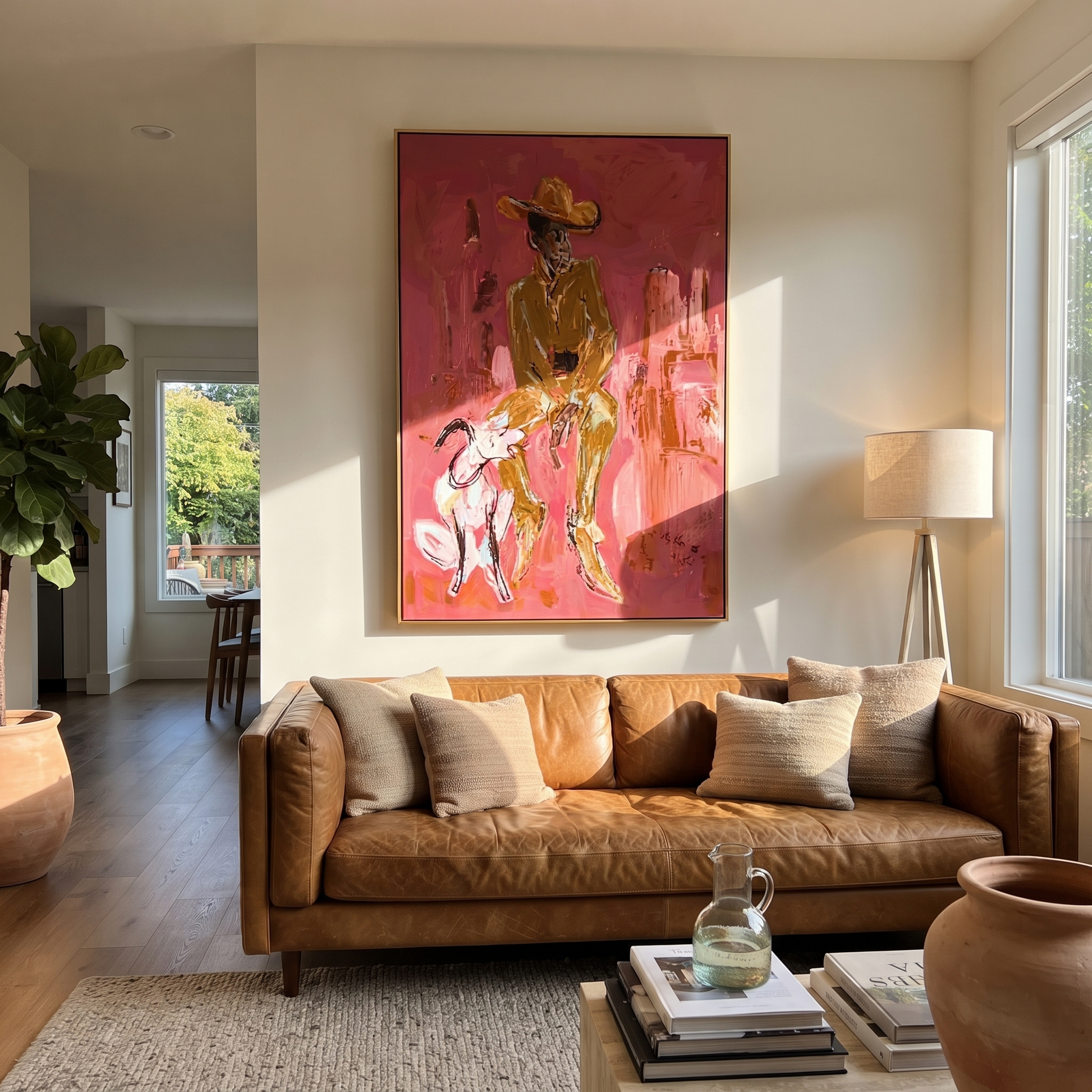 White Dog Waits Below - cowboy and dog painting by Ethan Mercer, contemporary Western vertical wall art – styled room scene view 1