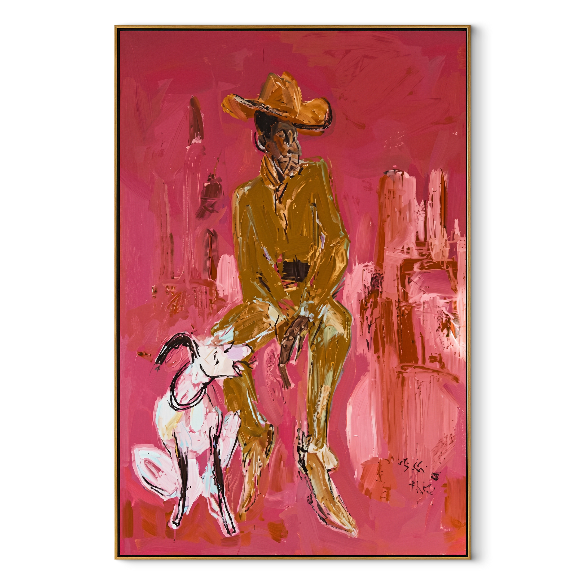 White Dog Waits Below - cowboy and dog painting by Ethan Mercer, contemporary Western vertical wall art – wood frame on white background