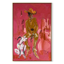 White Dog Waits Below - cowboy and dog painting by Ethan Mercer, contemporary Western vertical wall art – wood frame on white background