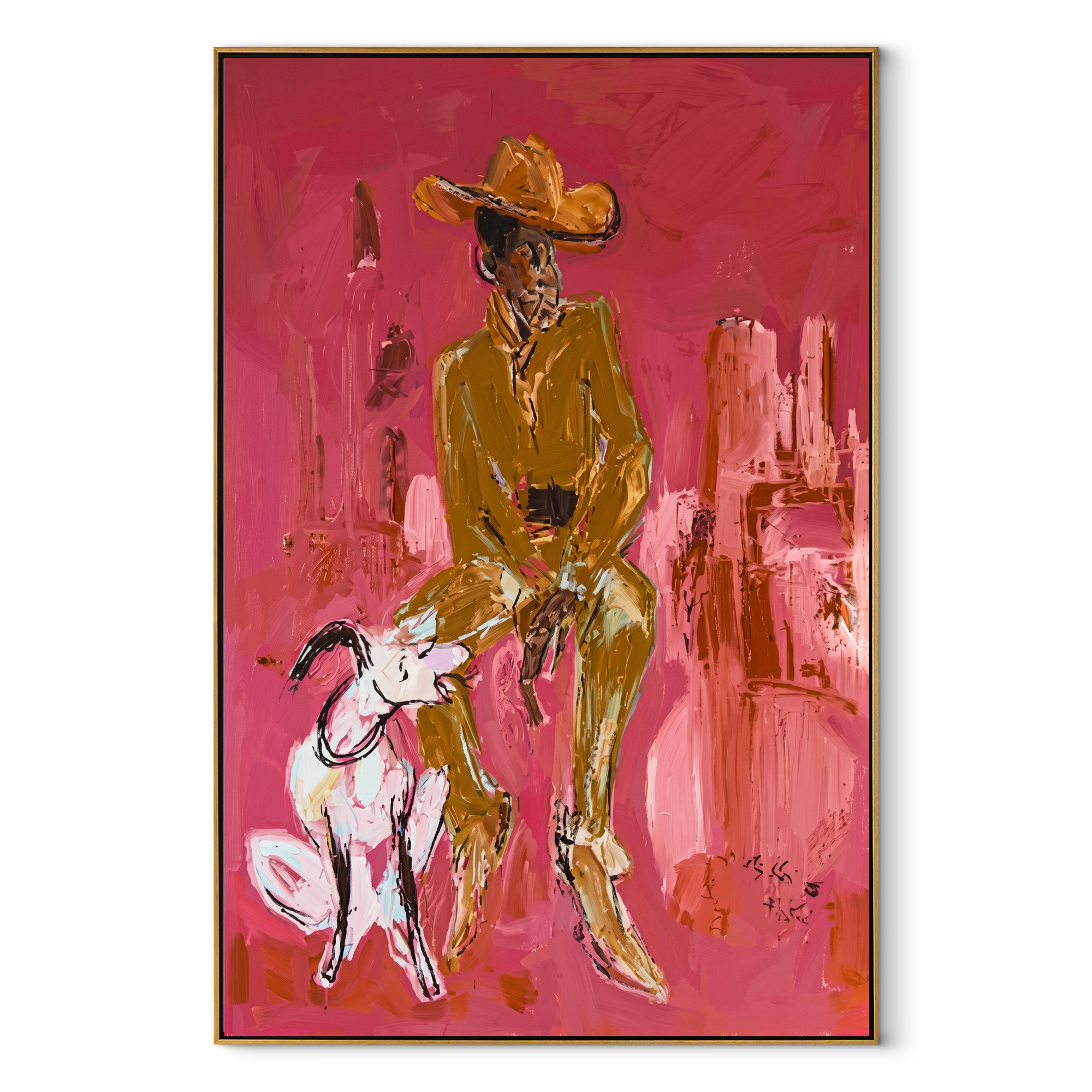 White Dog Waits Below - cowboy and dog painting by Ethan Mercer, contemporary Western vertical wall art – wood frame on white background