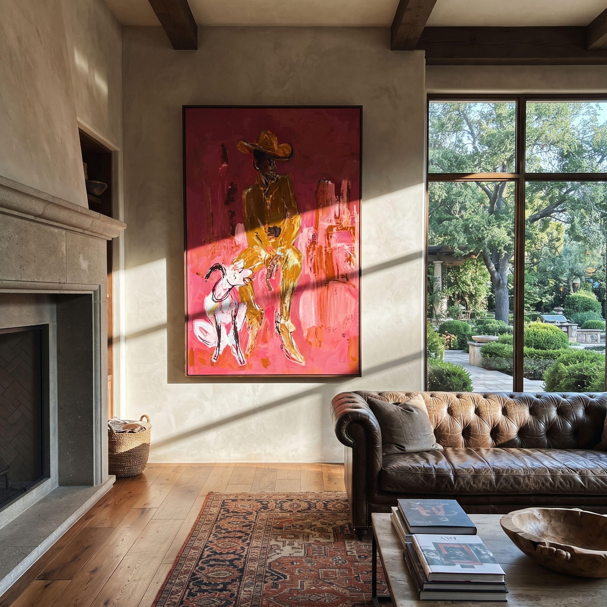 White Dog Waits Below - cowboy and dog painting by Ethan Mercer, contemporary Western vertical wall art – styled room scene view 2