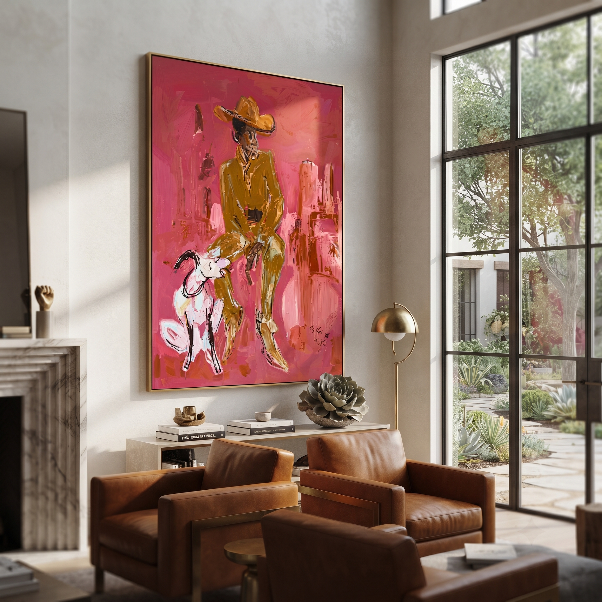 White Dog Waits Below - cowboy and dog painting by Ethan Mercer, contemporary Western vertical wall art – styled room scene view 3