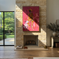 White Dog Waits Below - cowboy and dog painting by Ethan Mercer, contemporary Western vertical wall art – styled room scene view 4