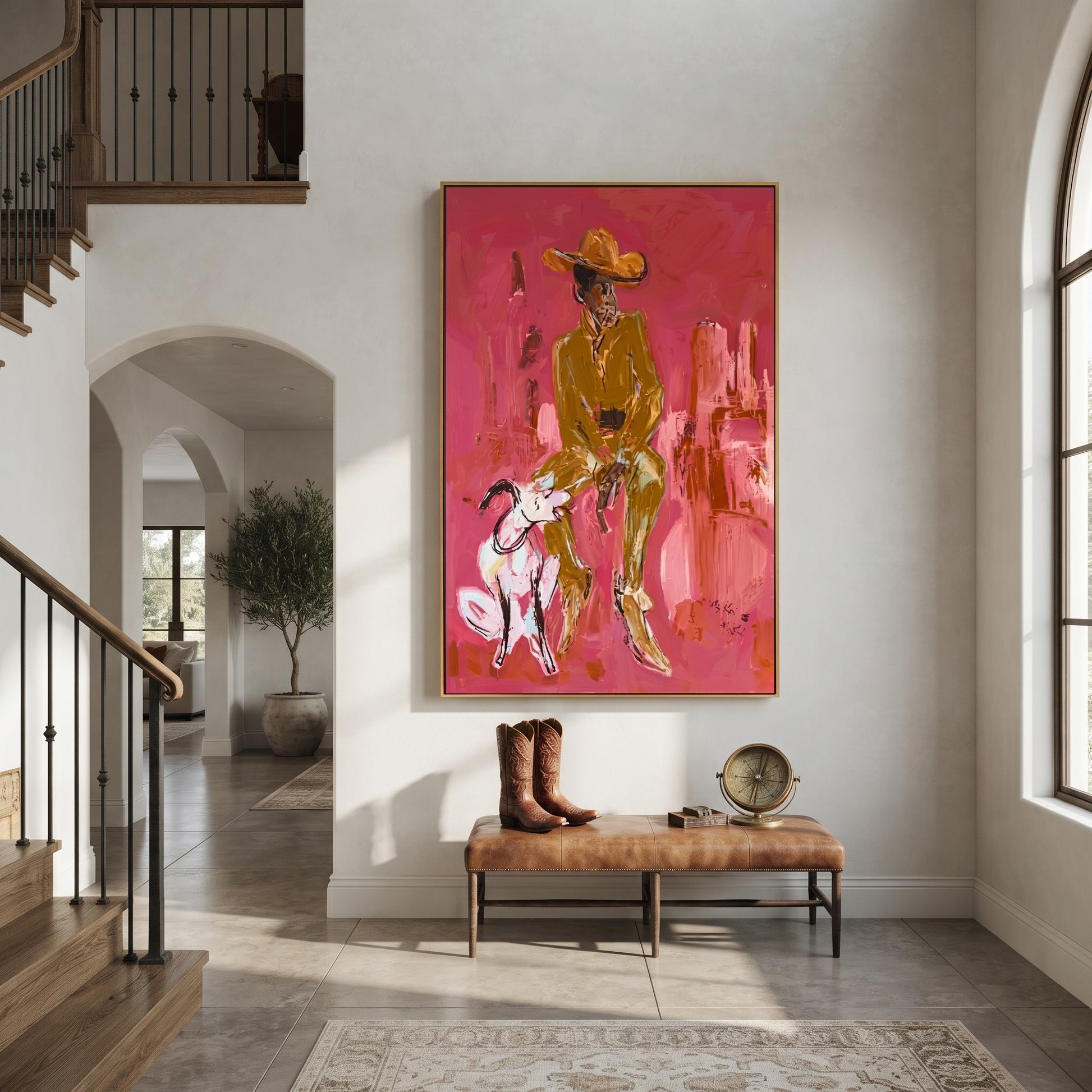 White Dog Waits Below - cowboy and dog painting by Ethan Mercer, contemporary Western vertical wall art – styled room scene view 5