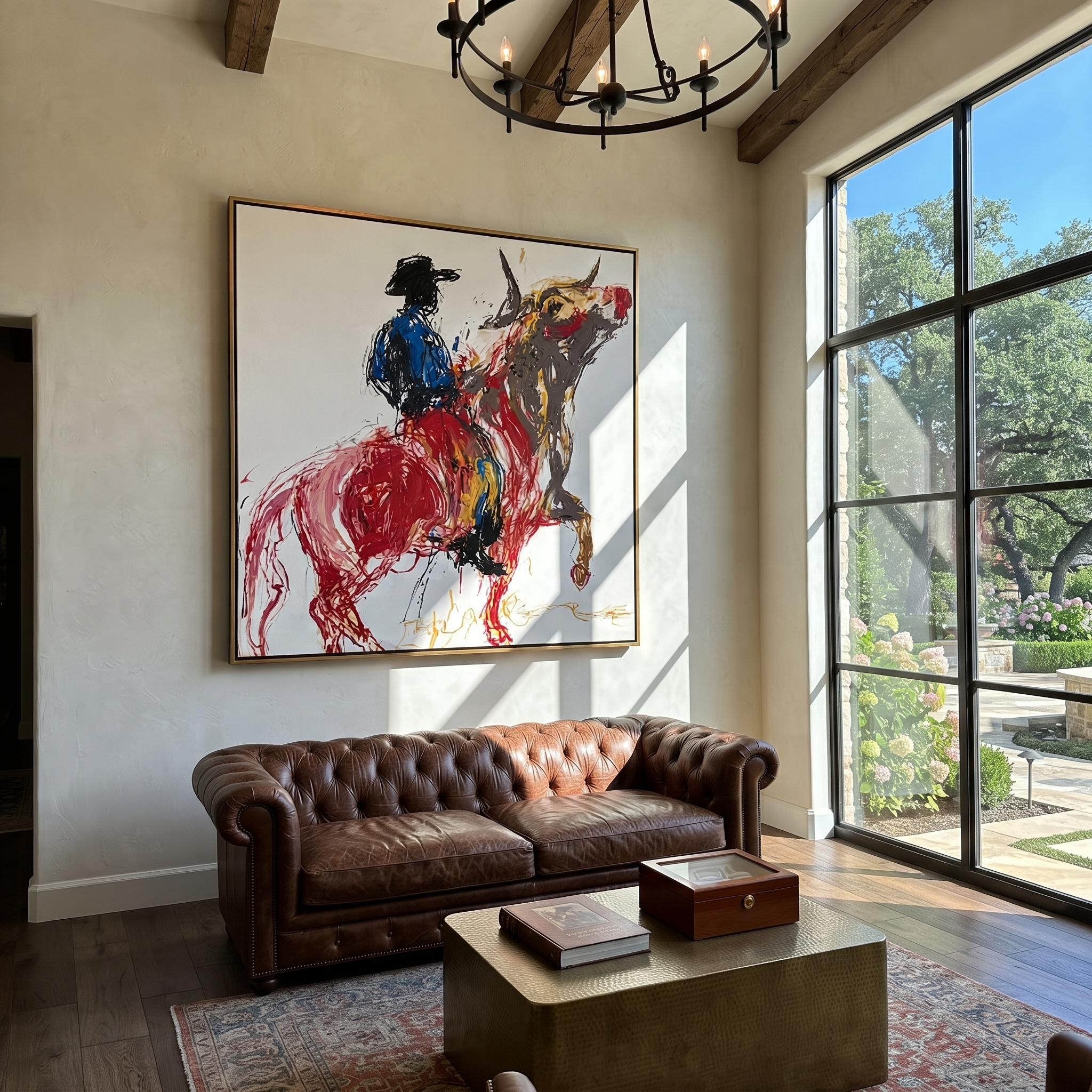 Red Horse Climbs Air - blue cowboy horse painting by Ethan Mercer, contemporary Western square wall art – styled room scene view 1