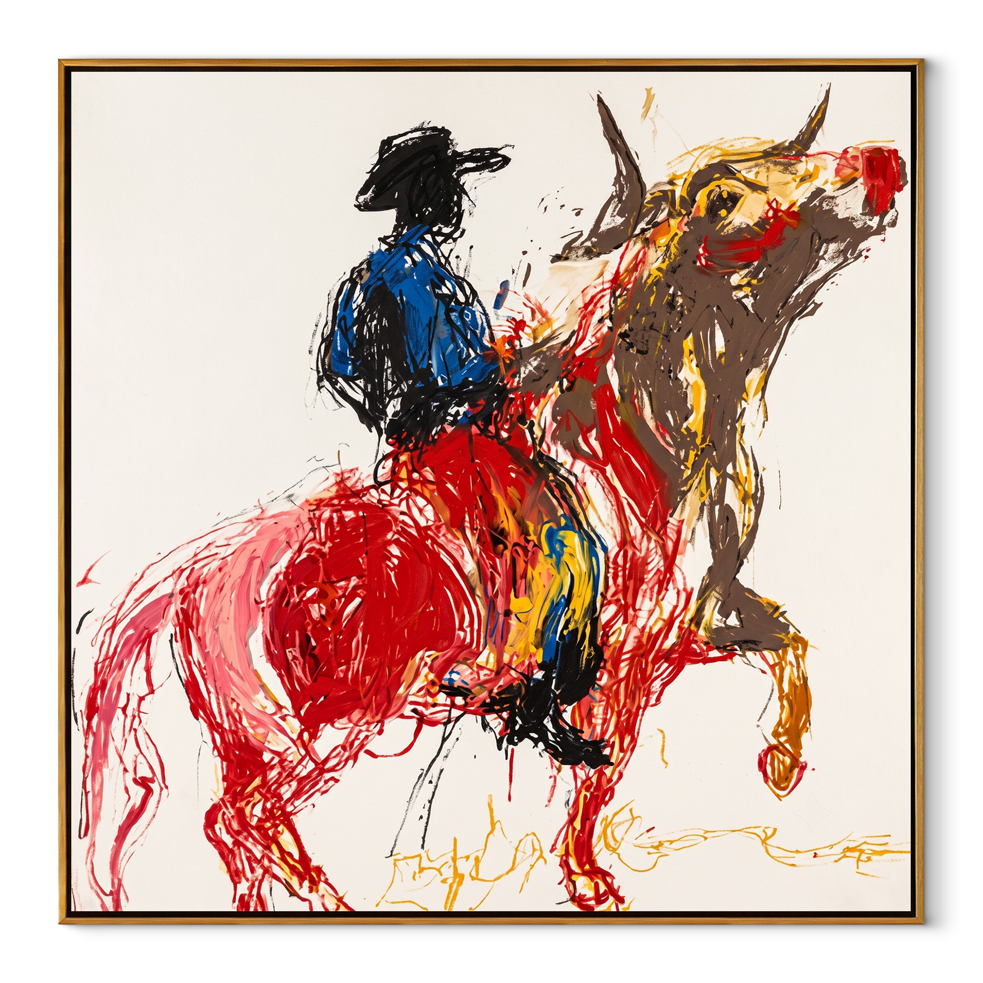 Red Horse Climbs Air - blue cowboy horse painting by Ethan Mercer, contemporary Western square wall art – wood frame on white background