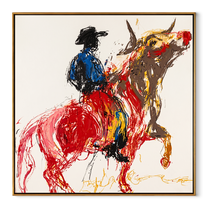 Red Horse Climbs Air - blue cowboy horse painting by Ethan Mercer, contemporary Western square wall art – wood frame on white background