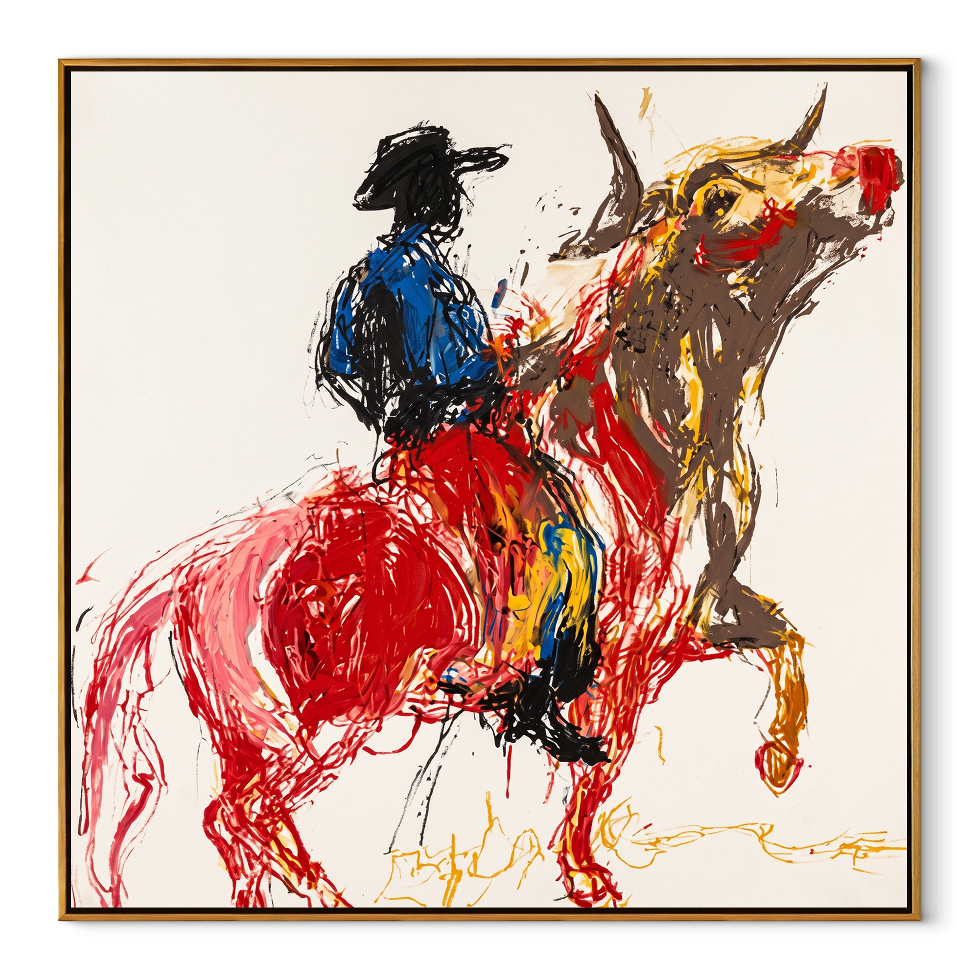 Red Horse Climbs Air - blue cowboy horse painting by Ethan Mercer, contemporary Western square wall art – wood frame on white background