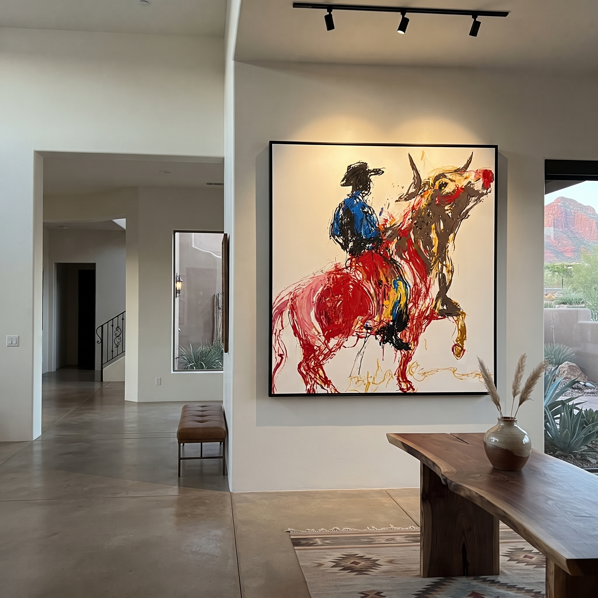 Red Horse Climbs Air - blue cowboy horse painting by Ethan Mercer, contemporary Western square wall art – styled room scene view 2