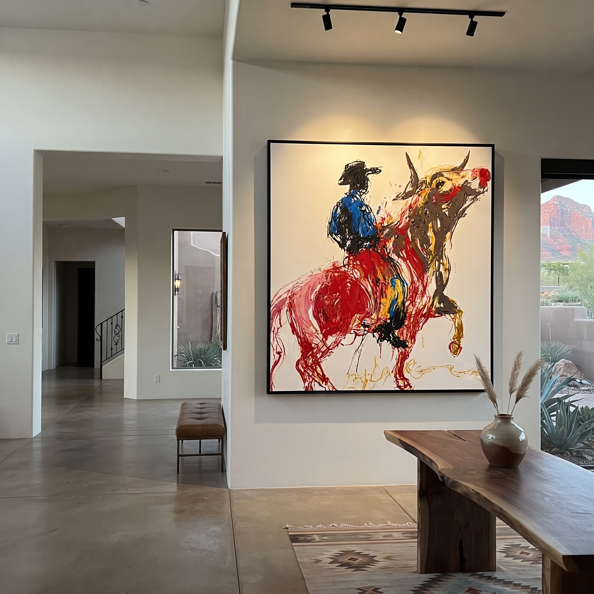 Red Horse Climbs Air - blue cowboy horse painting by Ethan Mercer, contemporary Western square wall art – styled room scene view 2
